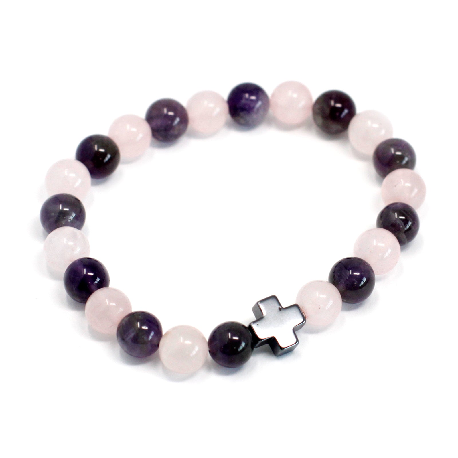 Set of 2 Gemstones Friendship Bracelets - Amethyst and Rose Quartz / Love product packaging on clean background from Quintessential Holistic Health Ltd