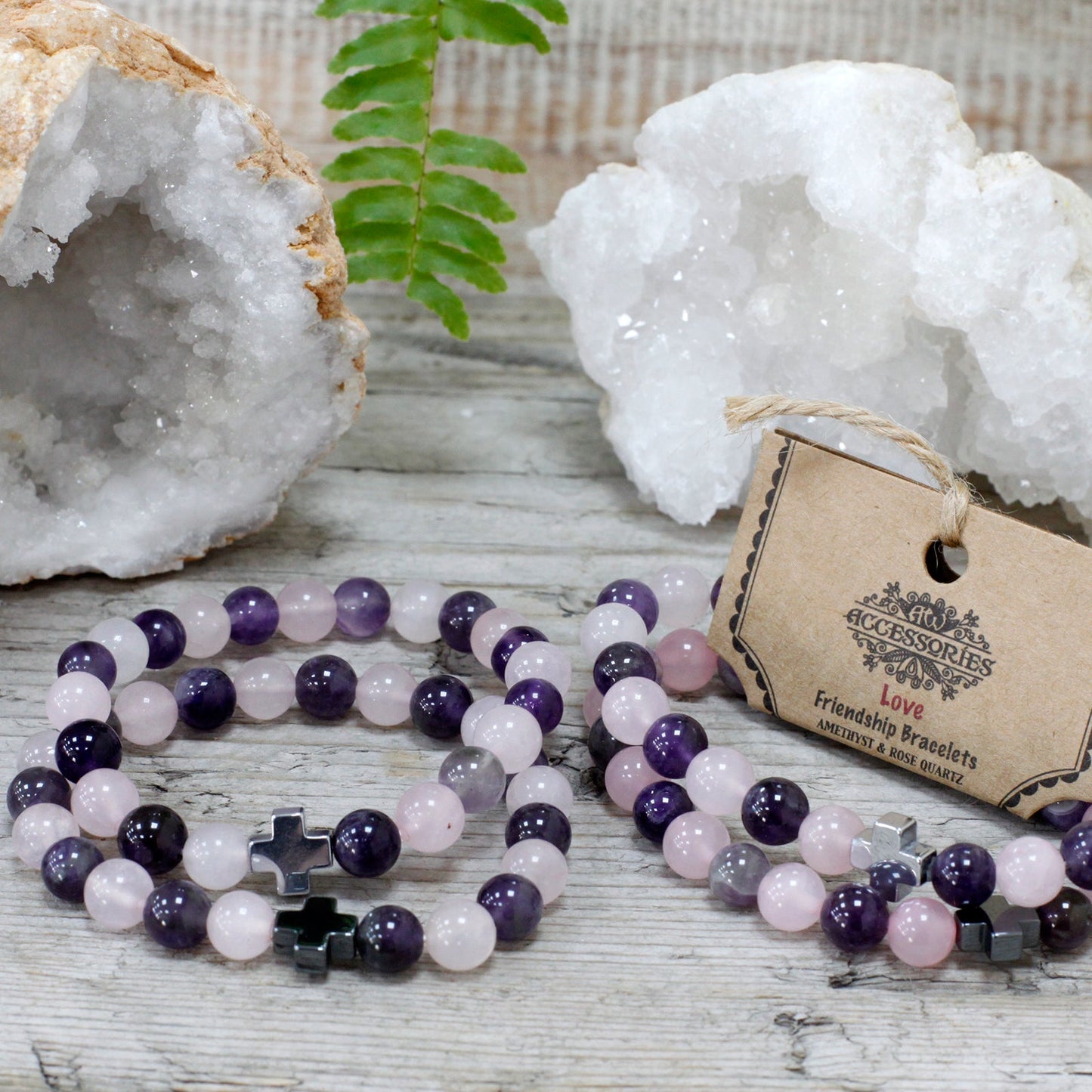 Set of 2 Gemstones Friendship Bracelets - Amethyst and Rose Quartz / Love product packaging on clean background from Quintessential Holistic Health Ltd