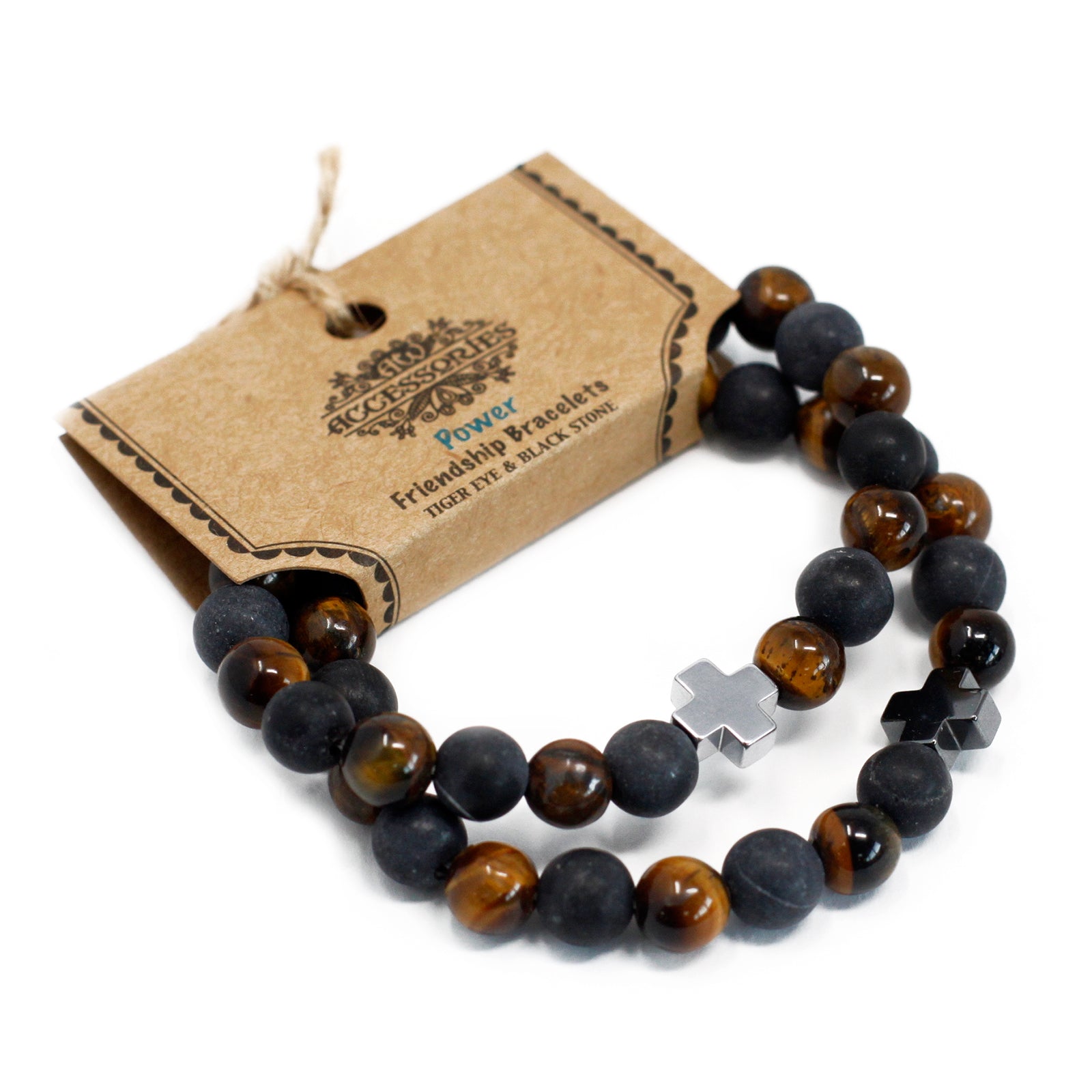 Set of 2 Gemstones Friendship Bracelets - Tigers Eye and Black Stone / Power product packaging on clean background from Quintessential Holistic Health Ltd