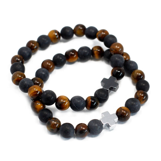 Set of 2 Gemstones Friendship Bracelets - Tigers Eye and Black Stone / Power product packaging on clean background from Quintessential Holistic Health Ltd