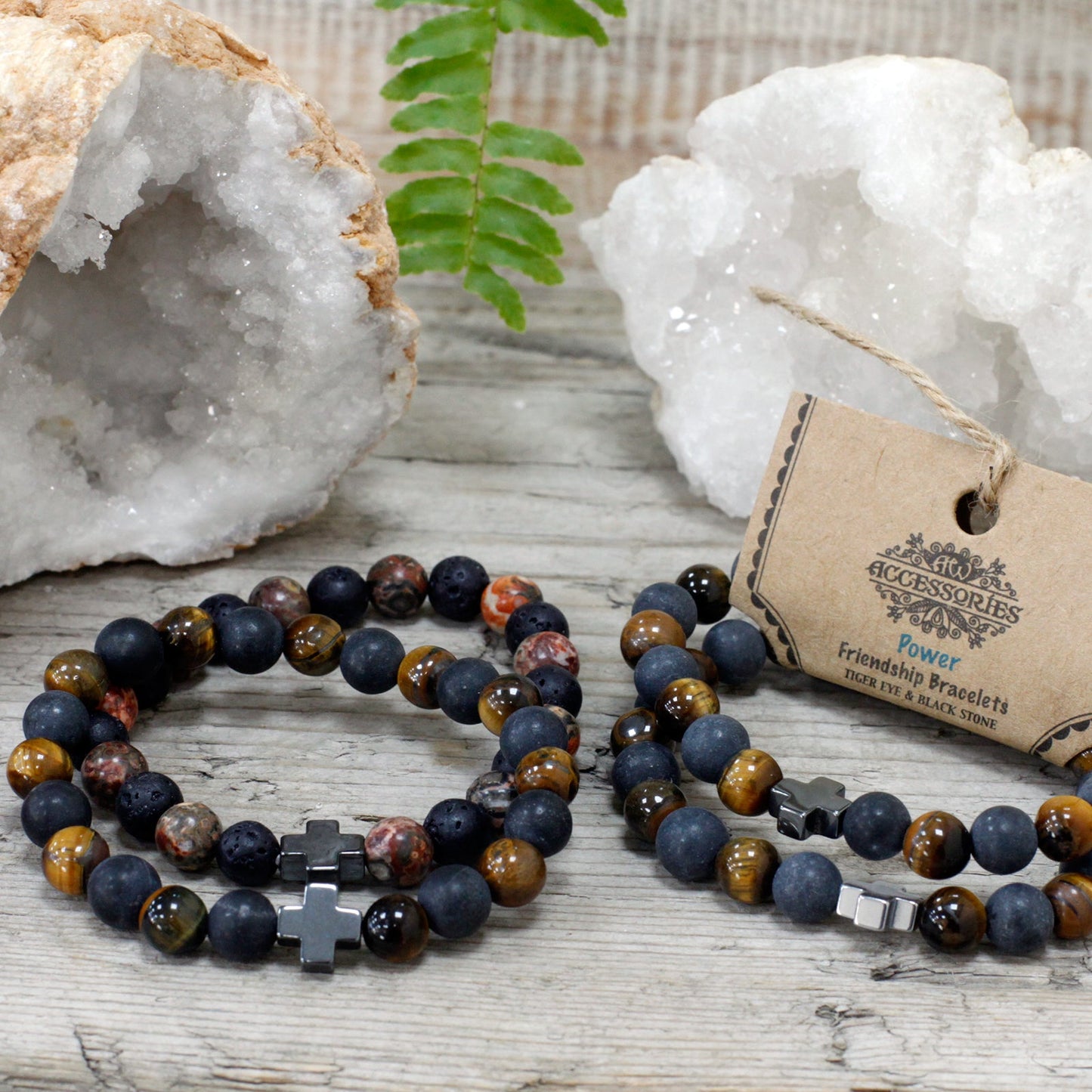 Set of 2 Gemstones Friendship Bracelets - Tigers Eye and Black Stone / Power product packaging on clean background from Quintessential Holistic Health Ltd