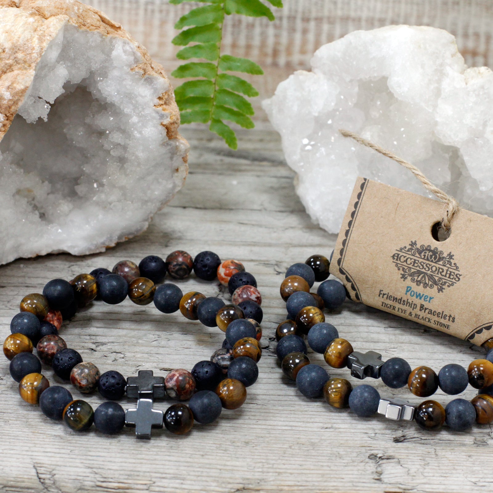 Set of 2 Gemstones Friendship Bracelets - Tigers Eye and Black Stone / Power product packaging on clean background from Quintessential Holistic Health Ltd