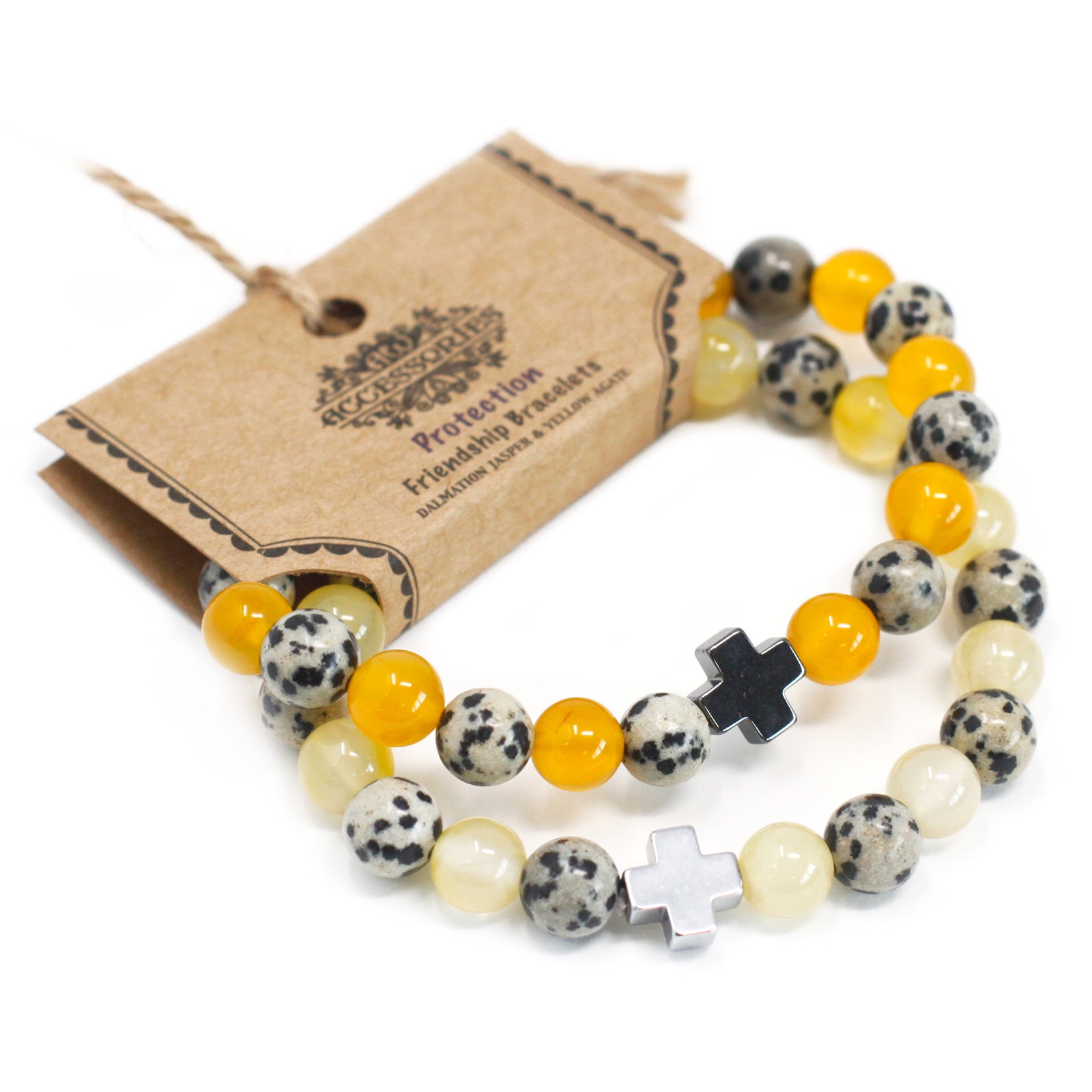 Set of 2 Gemstones Friendship Bracelets - Dalmatian Jasper and Yellow Agate / Protection product packaging on clean background from Quintessential Holistic Health Ltd