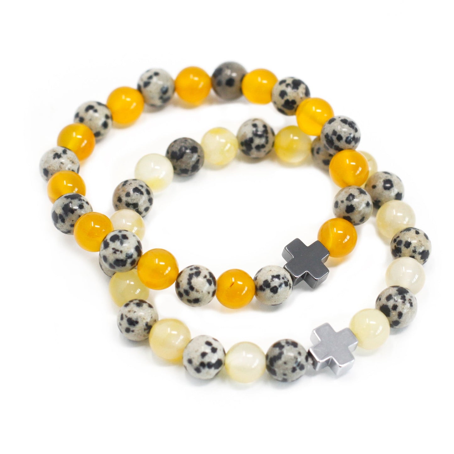 Set of 2 Gemstones Friendship Bracelets - Dalmatian Jasper and Yellow Agate / Protection product packaging on clean background from Quintessential Holistic Health Ltd