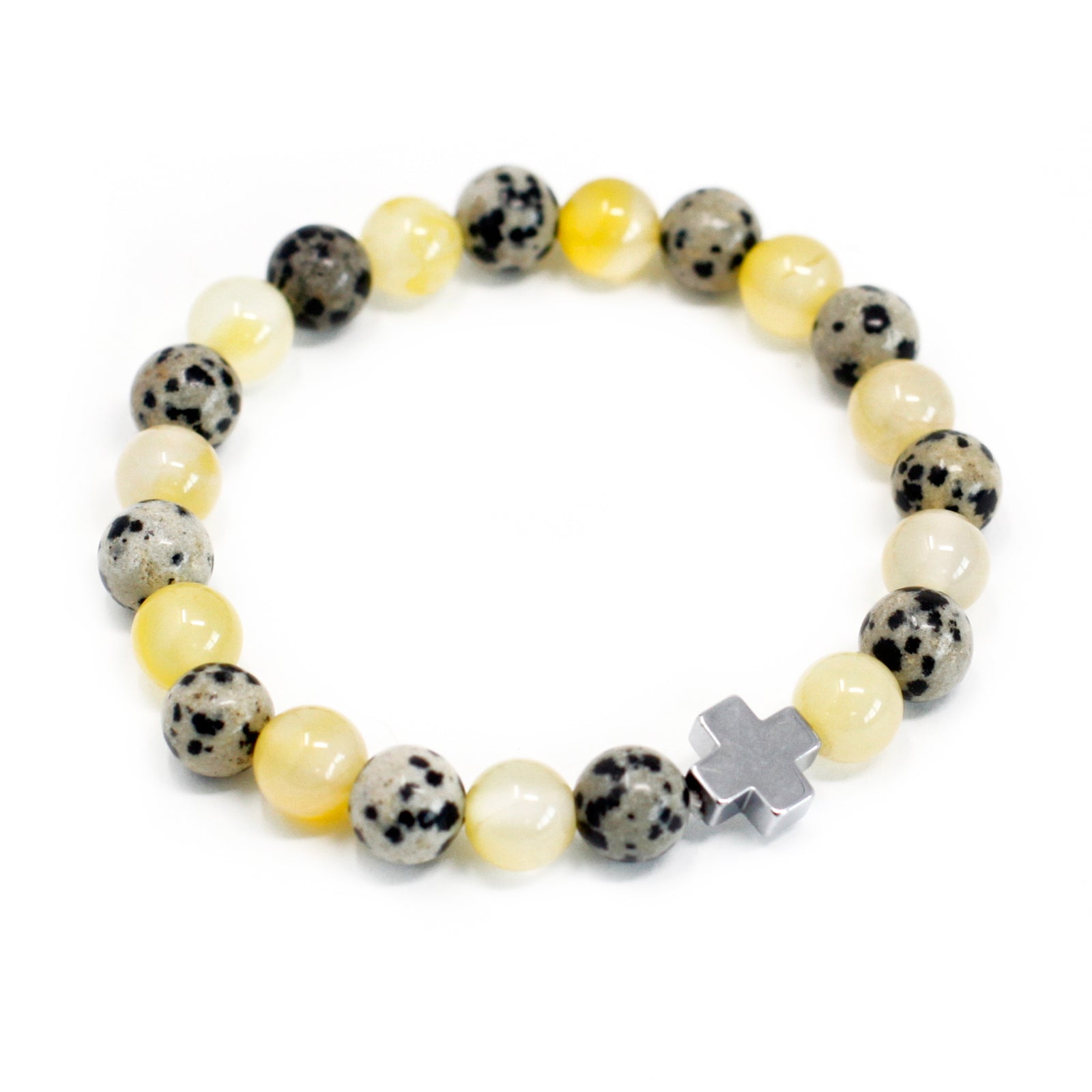 Set of 2 Gemstones Friendship Bracelets - Dalmatian Jasper and Yellow Agate / Protection product packaging on clean background from Quintessential Holistic Health Ltd