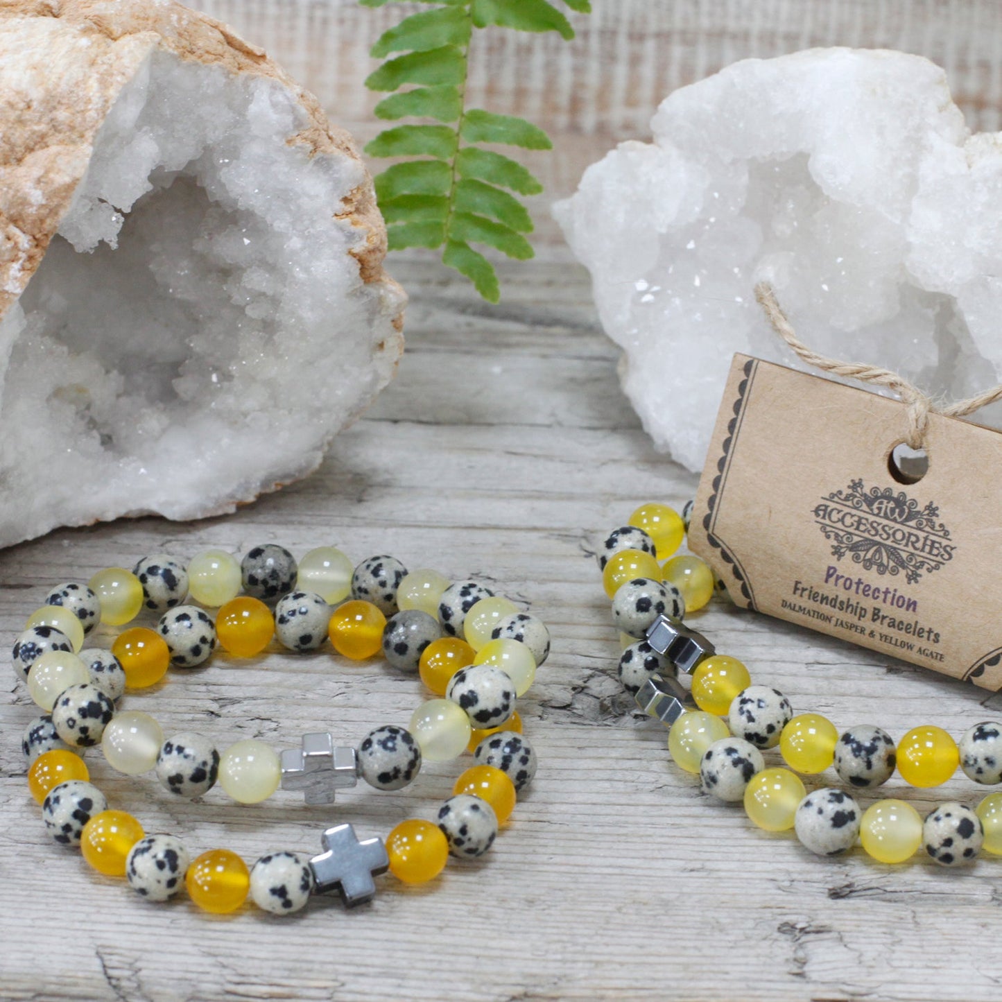 Set of 2 Gemstones Friendship Bracelets - Dalmatian Jasper and Yellow Agate / Protection product packaging on clean background from Quintessential Holistic Health Ltd