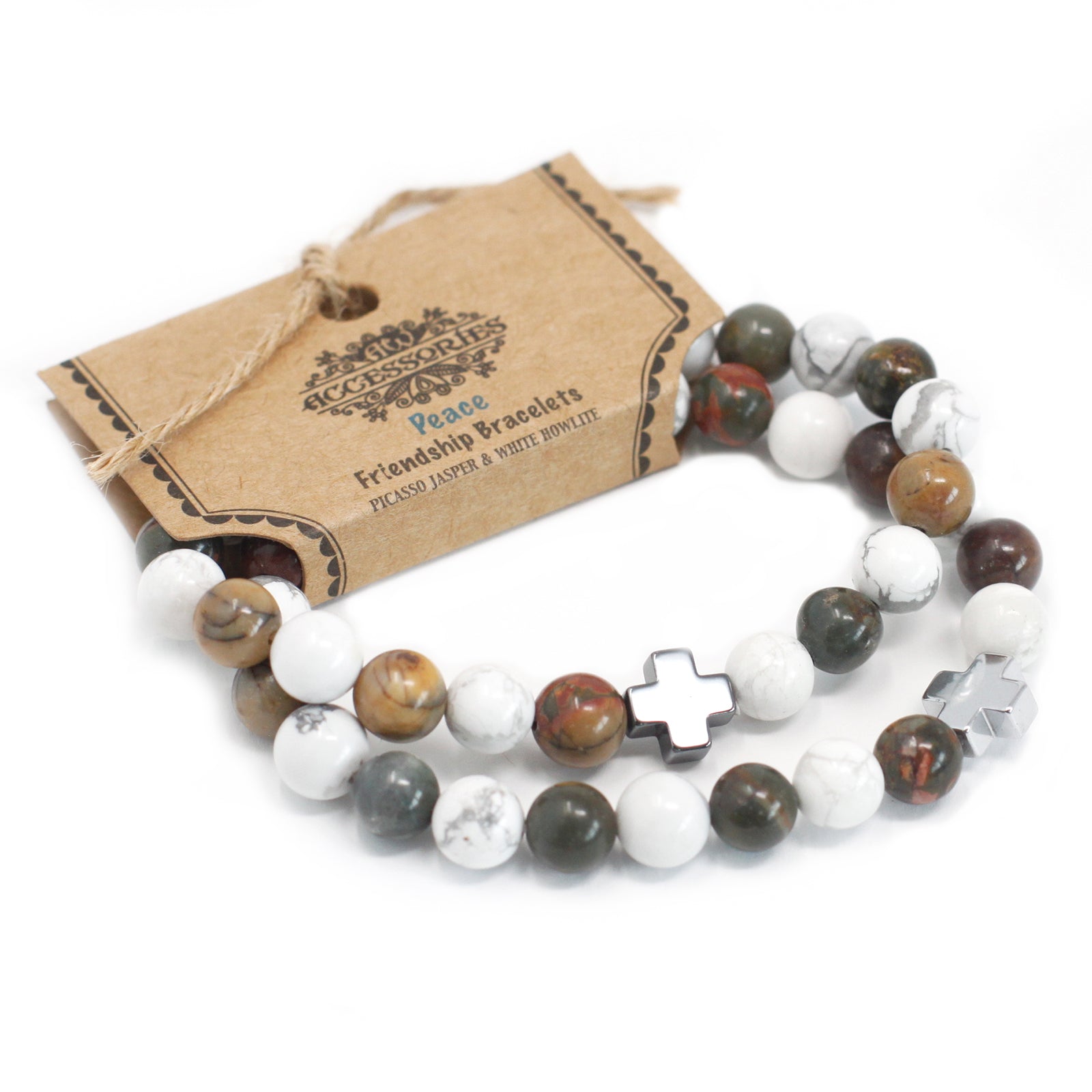 Set of 2 Gemstones Friendship Bracelets - Picasso Jasper and White Howlite / Peace product packaging on clean background from Quintessential Holistic Health Ltd