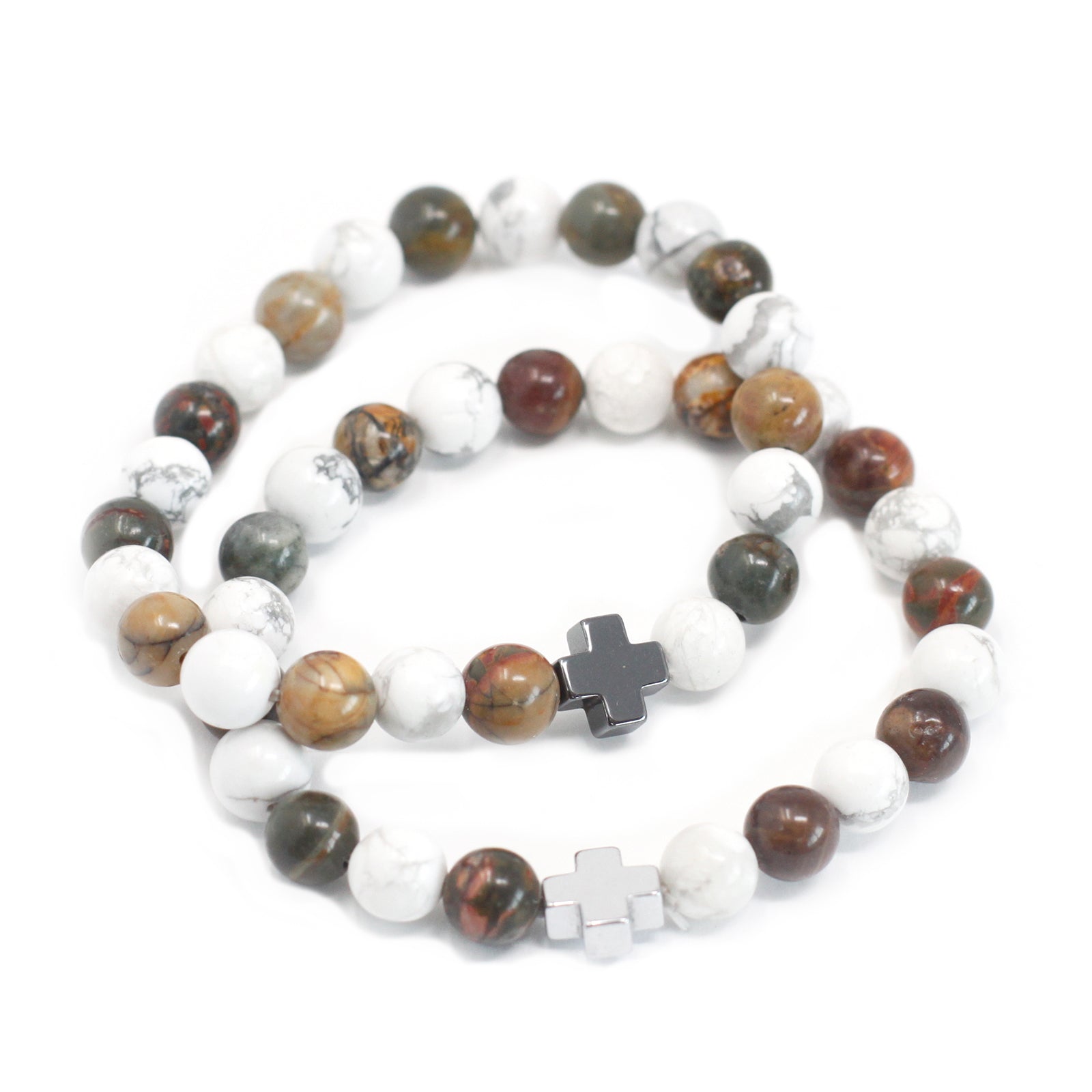 Set of 2 Gemstones Friendship Bracelets - Picasso Jasper and White Howlite / Peace product packaging on clean background from Quintessential Holistic Health Ltd