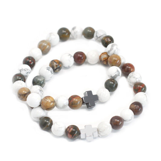 Set of 2 Gemstones Friendship Bracelets - Picasso Jasper and White Howlite / Peace product packaging on clean background from Quintessential Holistic Health Ltd