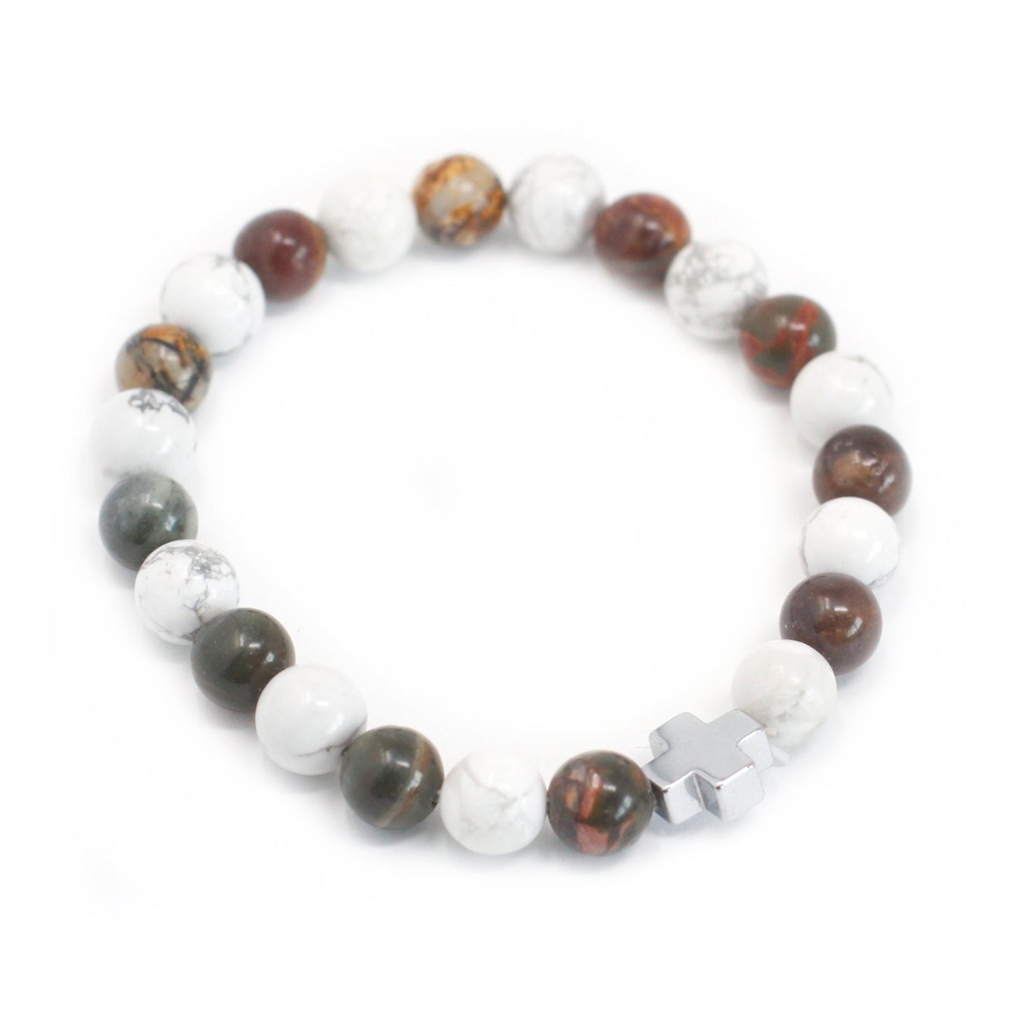 Set of 2 Gemstones Friendship Bracelets - Picasso Jasper and White Howlite / Peace product packaging on clean background from Quintessential Holistic Health Ltd