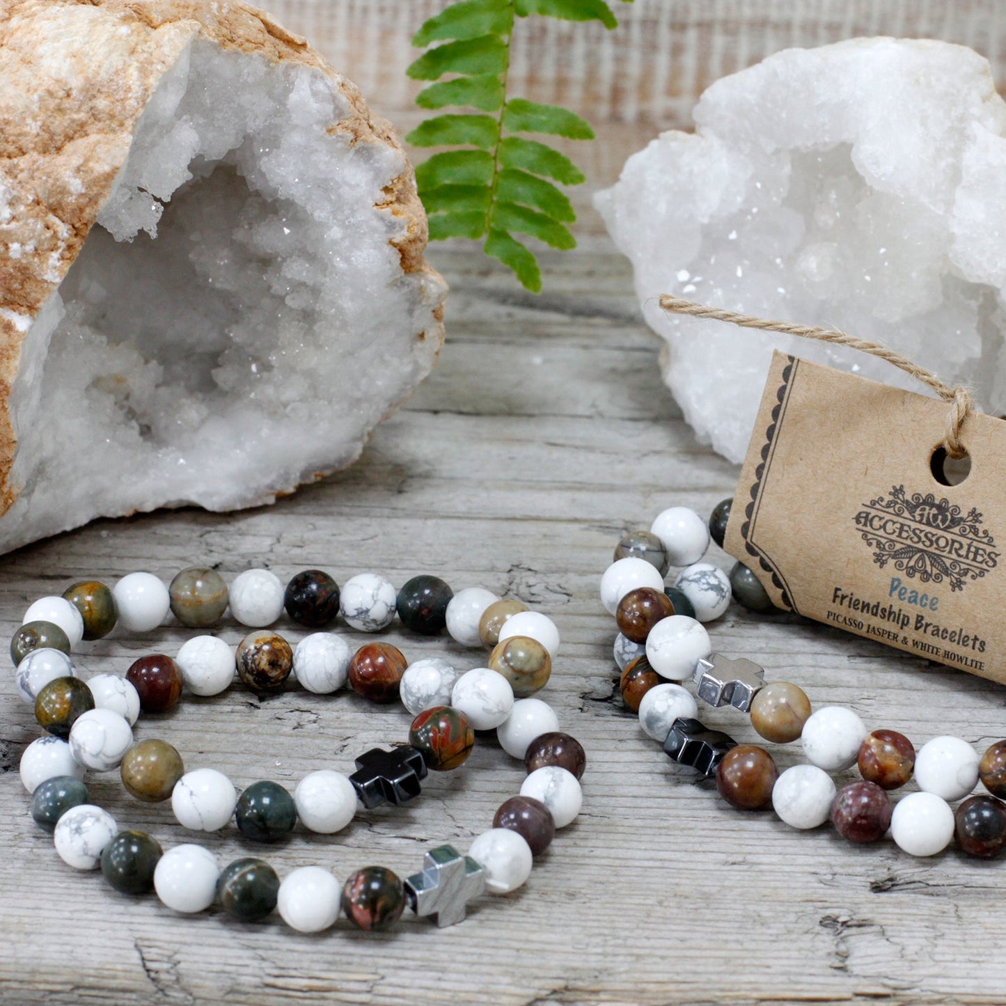 Set of 2 Gemstones Friendship Bracelets - Picasso Jasper and White Howlite / Peace product packaging on clean background from Quintessential Holistic Health Ltd
