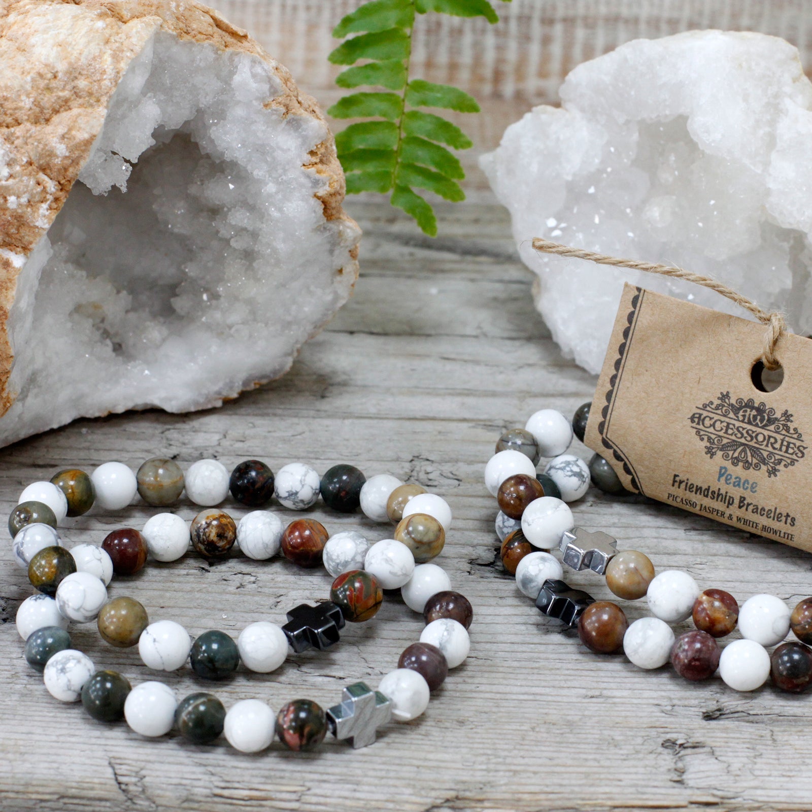 Set of 2 Gemstones Friendship Bracelets - Picasso Jasper and White Howlite / Peace product packaging on clean background from Quintessential Holistic Health Ltd