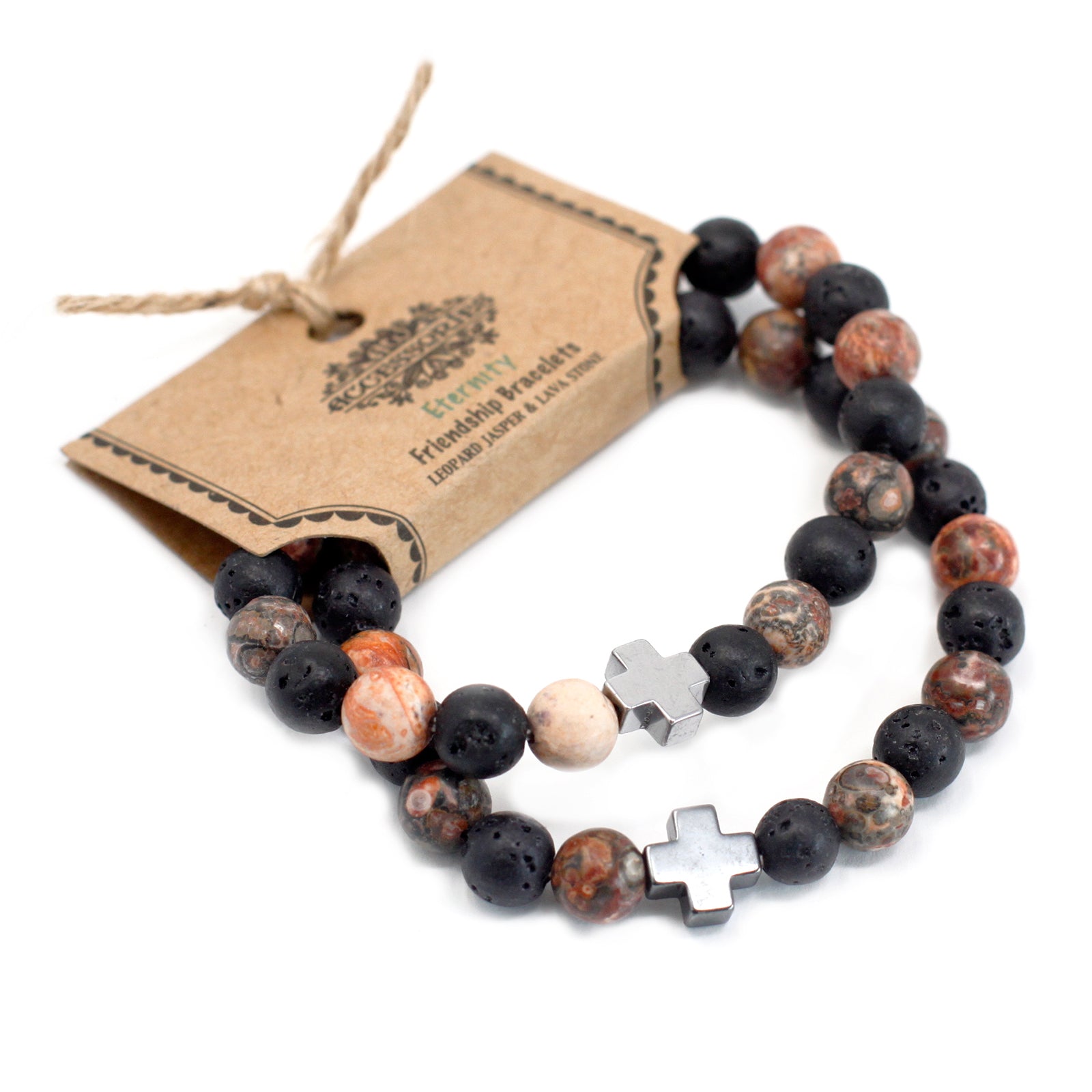 Set of 2 Gemstones Friendship Bracelets - Leopard Skin Jasper and Lava Stone / Eternity product packaging on clean background from Quintessential Holistic Health Ltd