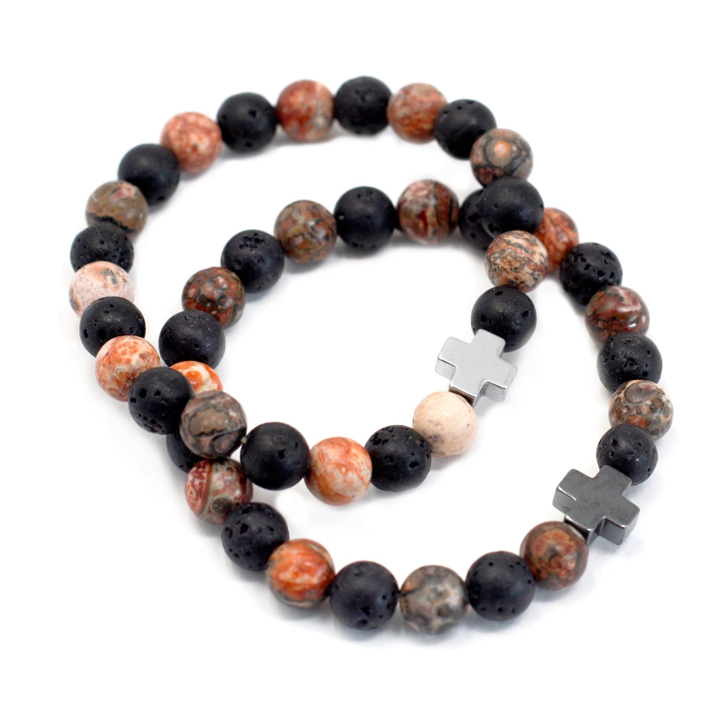 Set of 2 Gemstones Friendship Bracelets - Leopard Skin Jasper and Lava Stone / Eternity product packaging on clean background from Quintessential Holistic Health Ltd