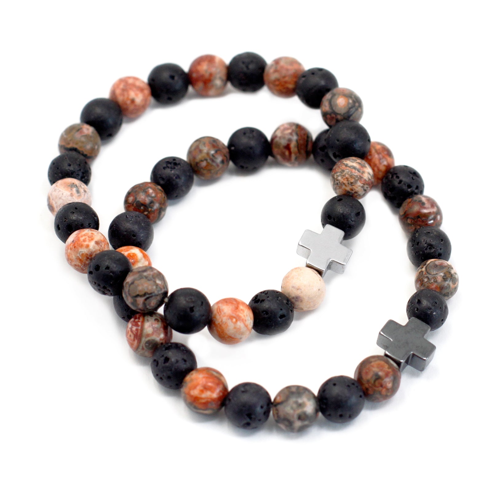 Set of 2 Gemstones Friendship Bracelets - Leopard Skin Jasper and Lava Stone / Eternity product packaging on clean background from Quintessential Holistic Health Ltd