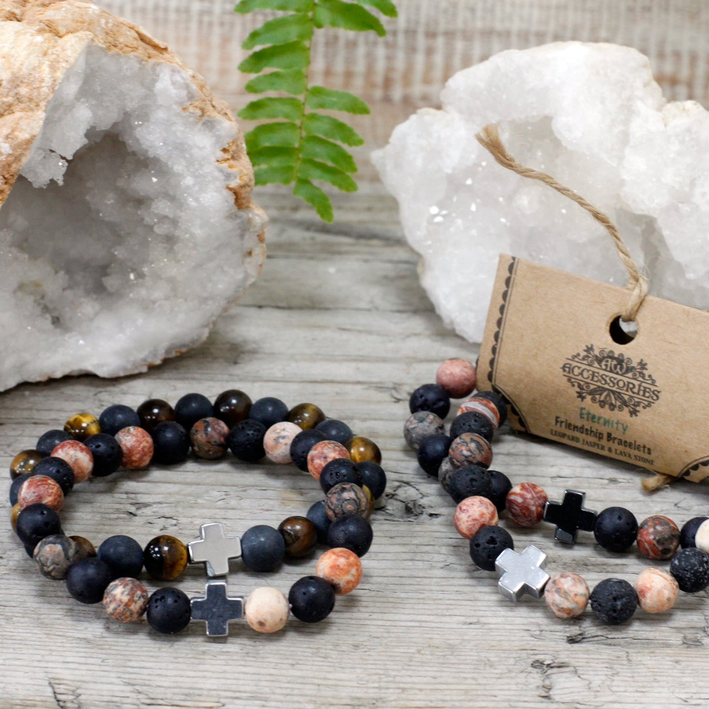Set of 2 Gemstones Friendship Bracelets - Leopard Skin Jasper and Lava Stone / Eternity product packaging on clean background from Quintessential Holistic Health Ltd