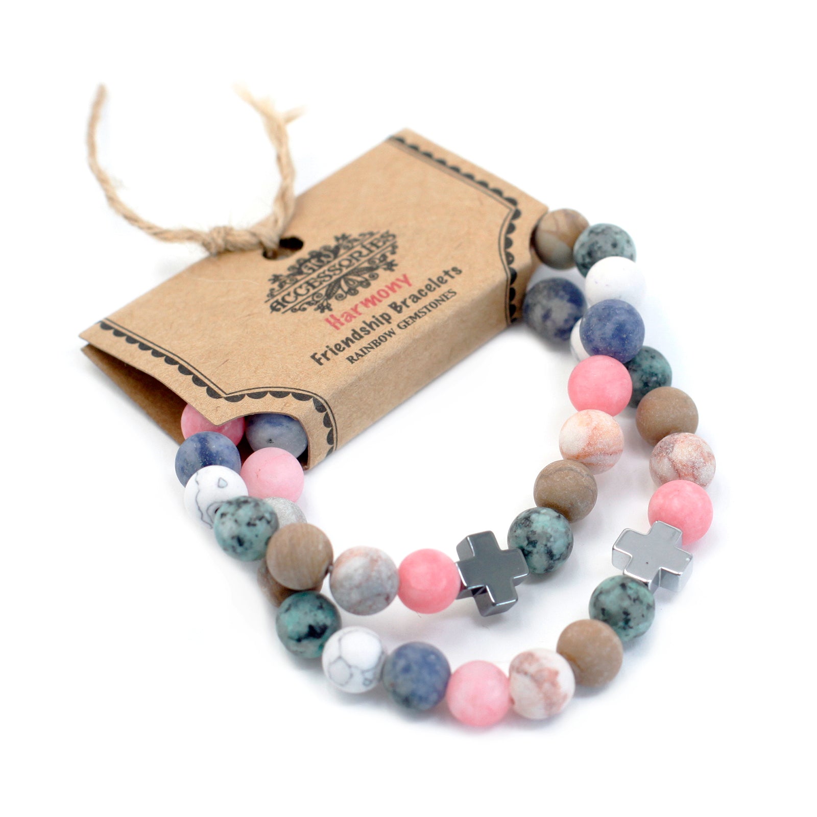 Set of 2 Gemstones Friendship Bracelets - Rainbow Gemstones / Harmony product packaging on clean background from Quintessential Holistic Health Ltd