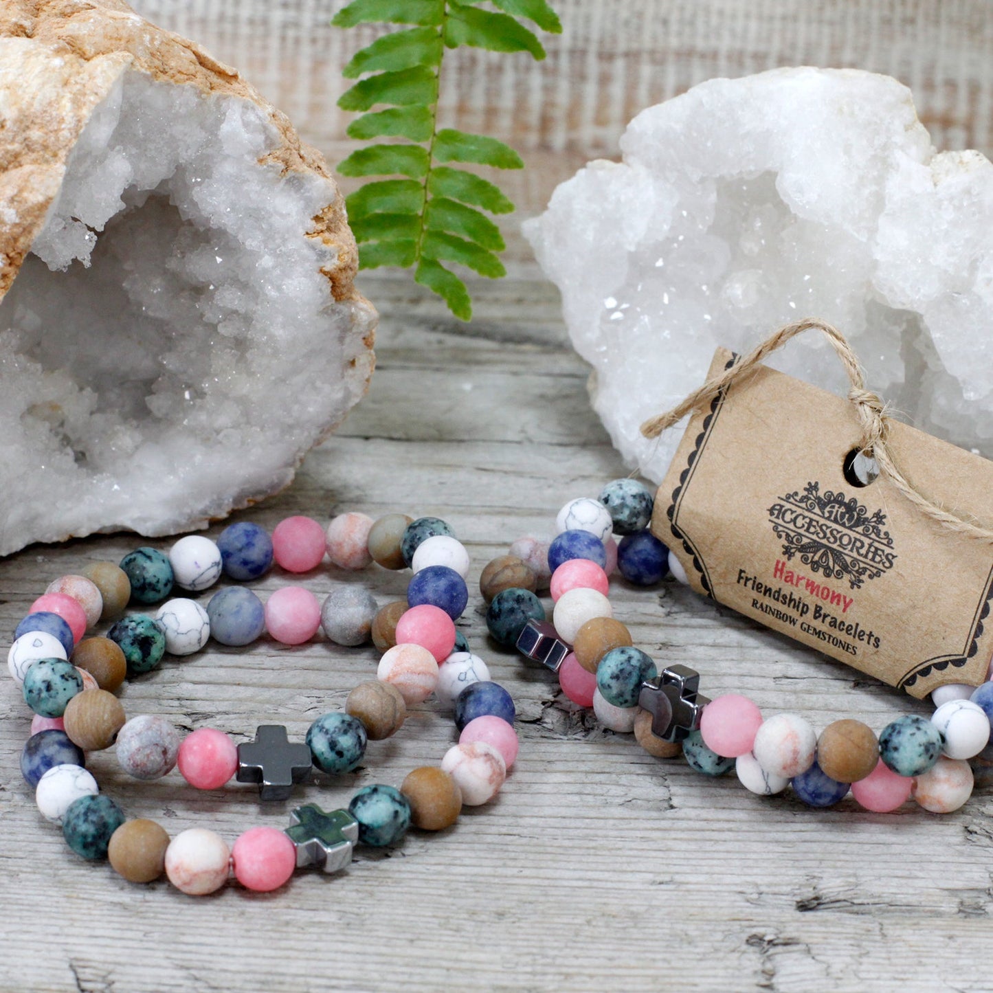 Set of 2 Gemstones Friendship Bracelets - Rainbow Gemstones / Harmony product packaging on clean background from Quintessential Holistic Health Ltd