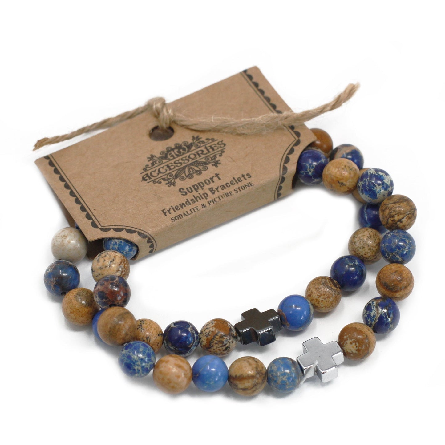 Set of 2 Gemstones Friendship Bracelets - Sodalite and Picture Stone / Support product packaging on clean background from Quintessential Holistic Health Ltd