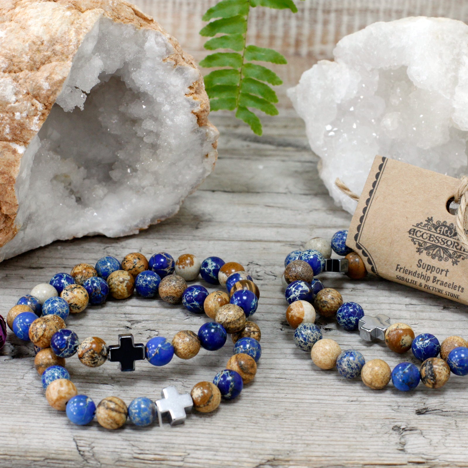 Set of 2 Gemstones Friendship Bracelets - Sodalite and Picture Stone / Support product packaging on clean background from Quintessential Holistic Health Ltd