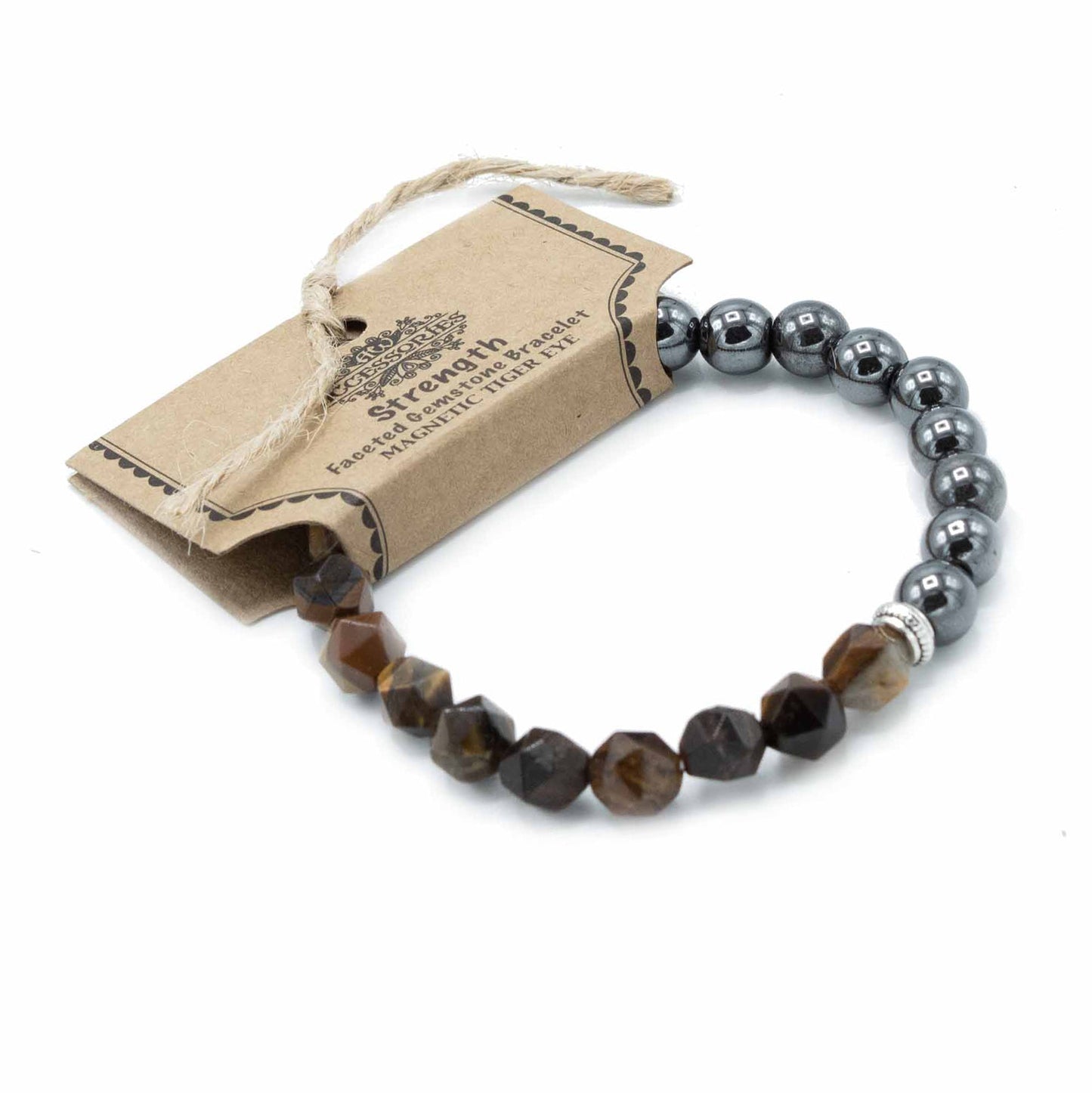 Faceted Gemstone Bracelet - Tigers Eye / Strength product packaging on clean background from Quintessential Holistic Health Ltd