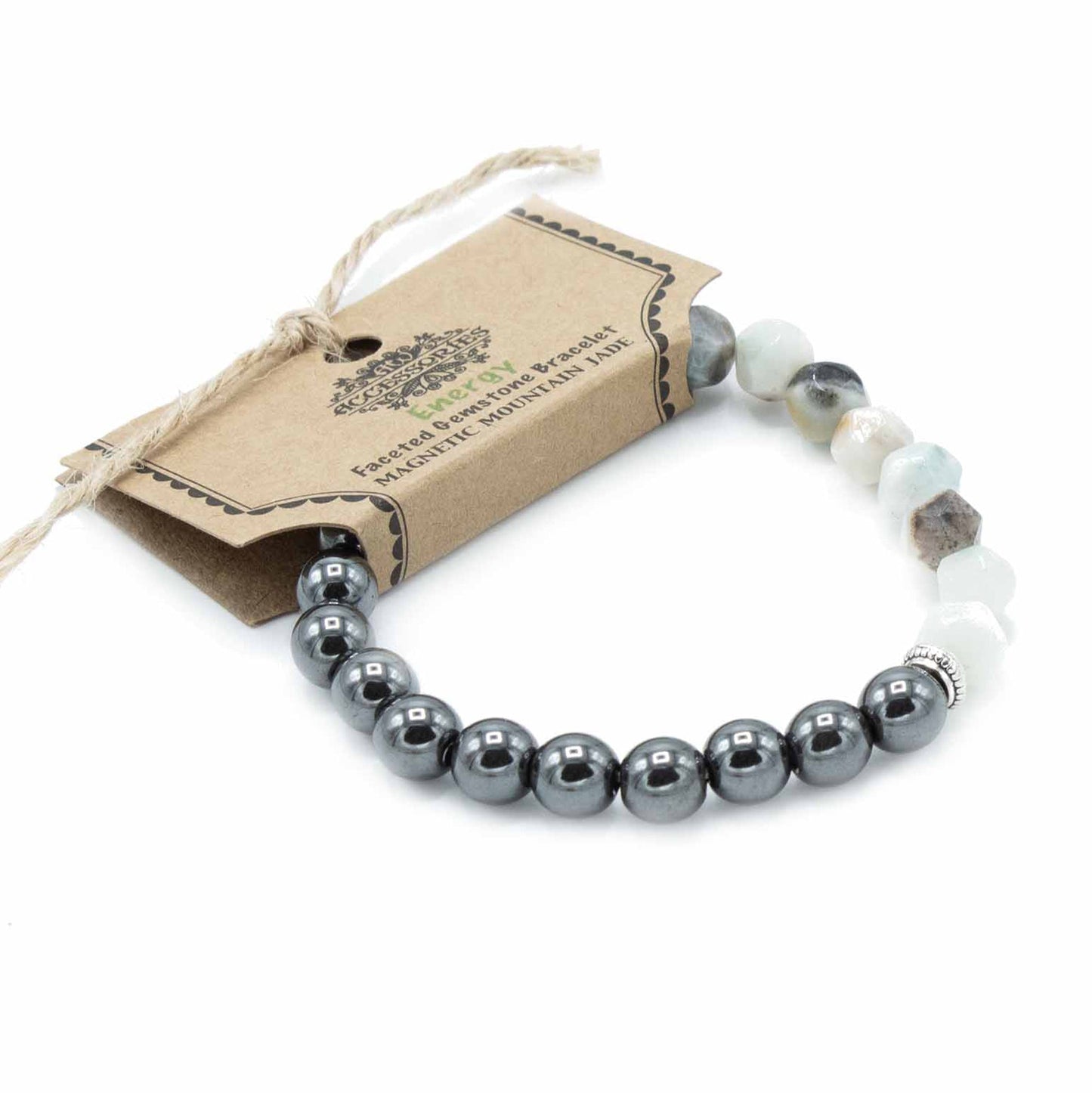Faceted Gemstone Bracelet - Mountain Jade / Energy product packaging on clean background from Quintessential Holistic Health Ltd