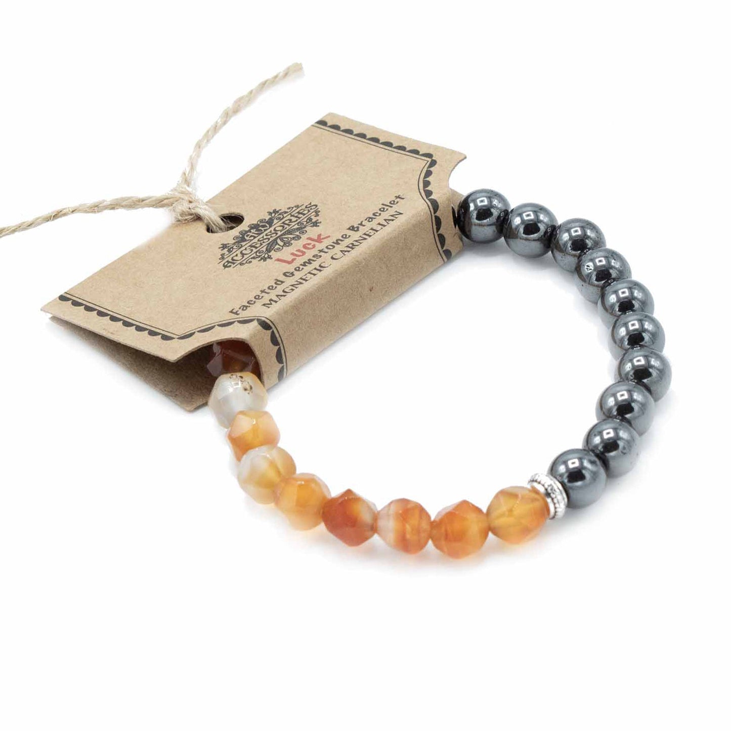 Faceted Gemstone Bracelet - Carnelian / Luck product packaging on clean background from Quintessential Holistic Health Ltd