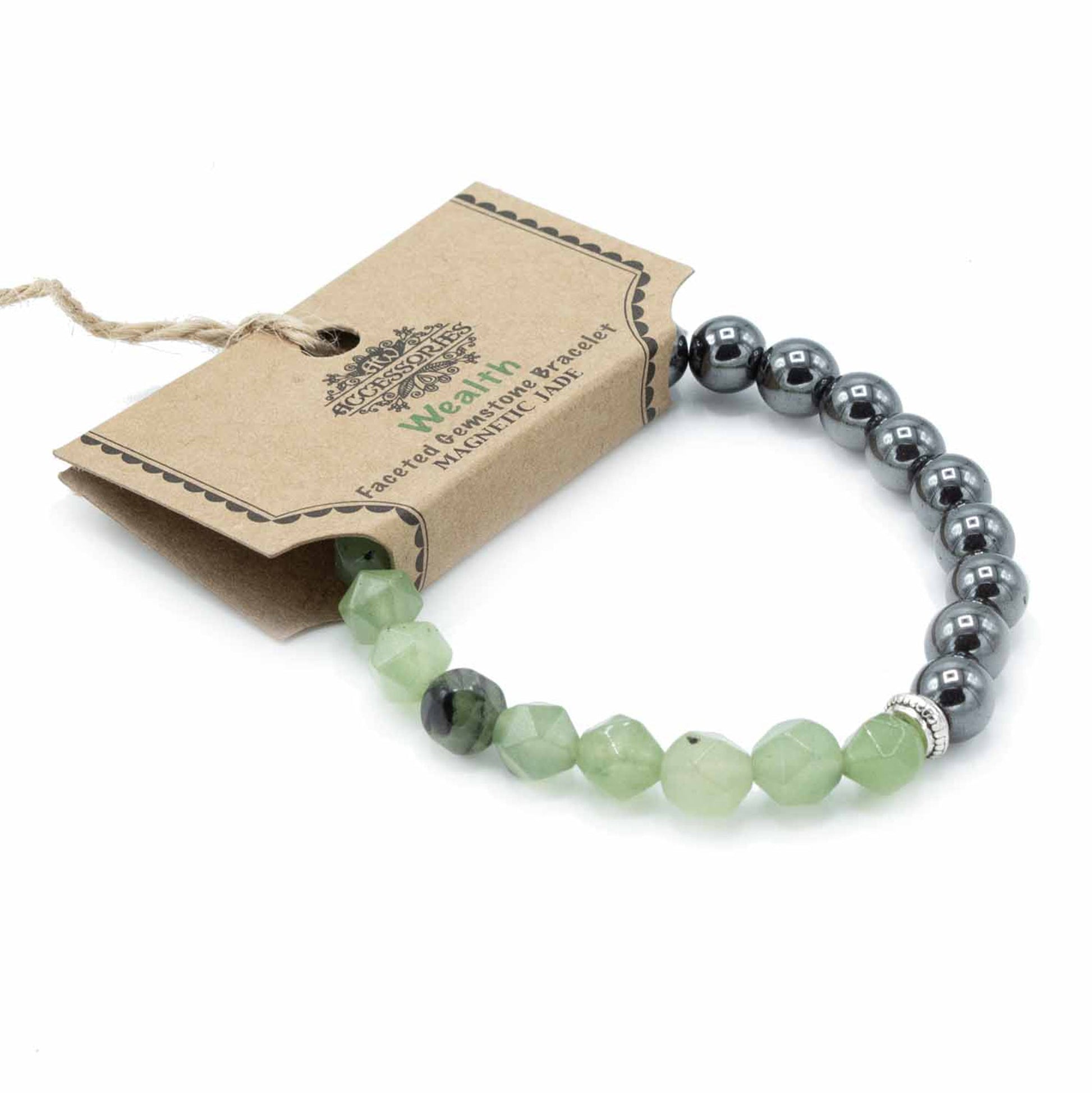 Faceted Gemstone Bracelet - Jade / Wealth product packaging on clean background from Quintessential Holistic Health Ltd