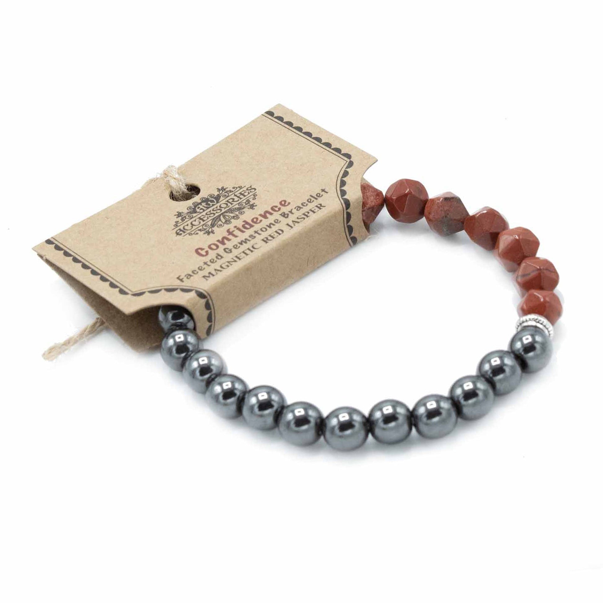 Faceted Gemstone Bracelet - Red Jasper / Confidence product packaging on clean background from Quintessential Holistic Health Ltd