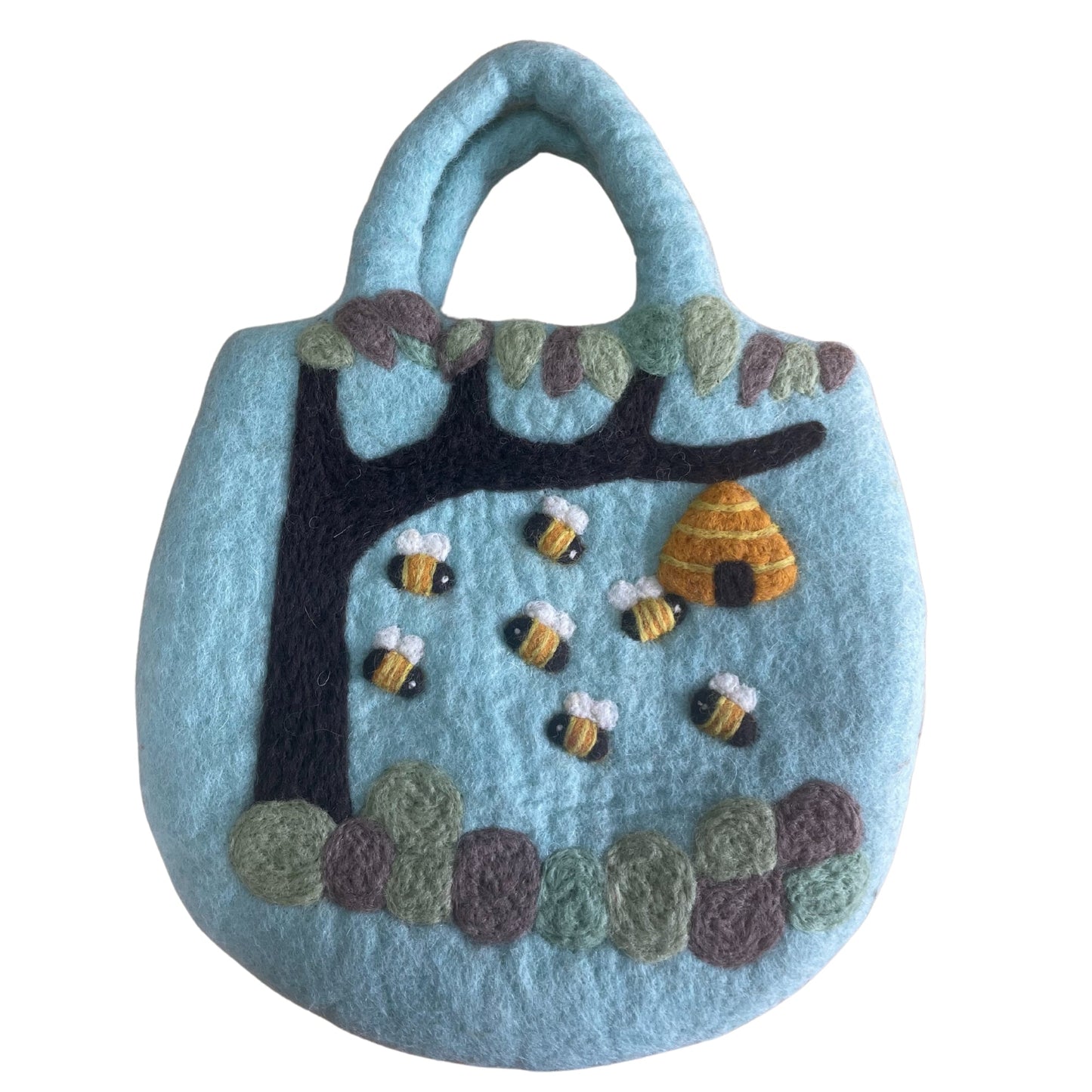 Handcrafted Wool Water Felted Two Handled Bag - Tree and Beehive product packaging on clean background from Quintessential Holistic Health Ltd