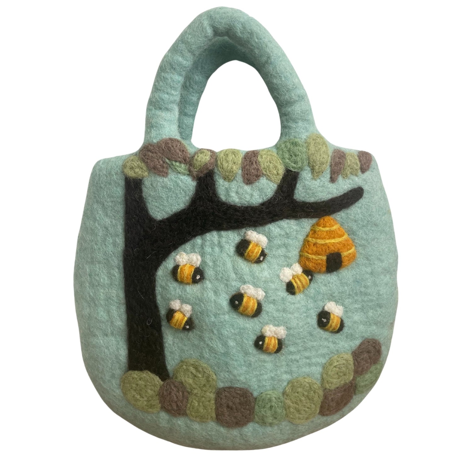 Handcrafted Wool Water Felted Two Handled Bag - Tree and Beehive product packaging on clean background from Quintessential Holistic Health Ltd