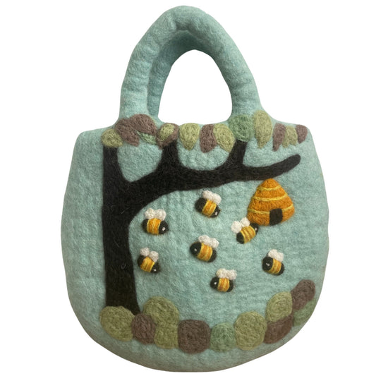 Handcrafted Wool Water Felted Two Handled Bag - Tree and Beehive product packaging on clean background from Quintessential Holistic Health Ltd