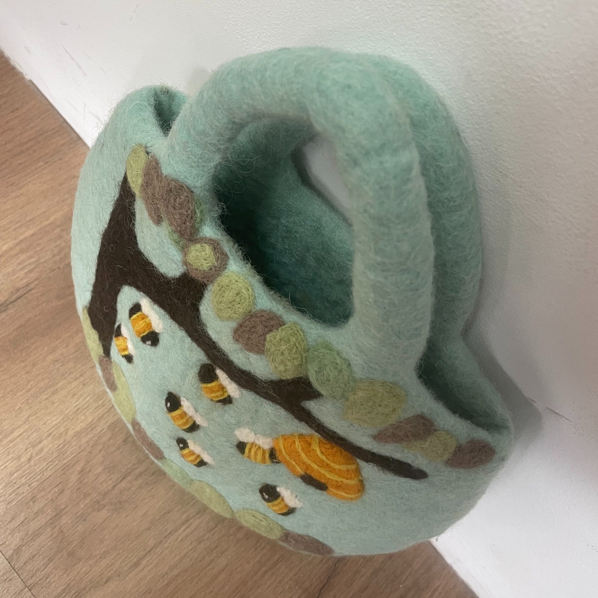 Handcrafted Wool Water Felted Two Handled Bag - Tree and Beehive product packaging on clean background from Quintessential Holistic Health Ltd