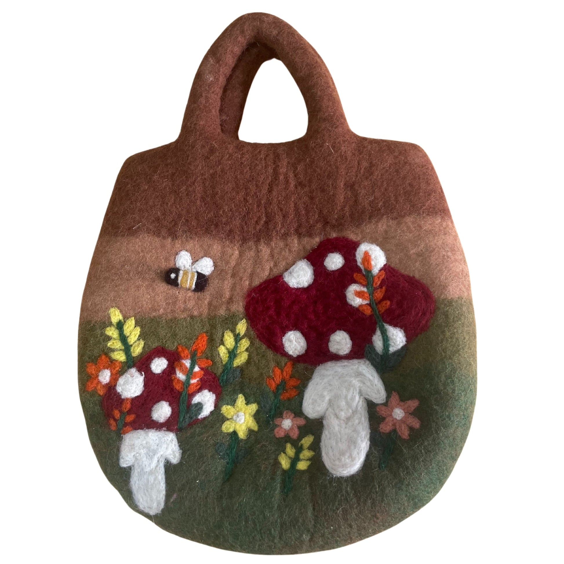 Handcrafted Wool Water Felted Two Handled Bag - Mushroom Garden product packaging on clean background from Quintessential Holistic Health Ltd