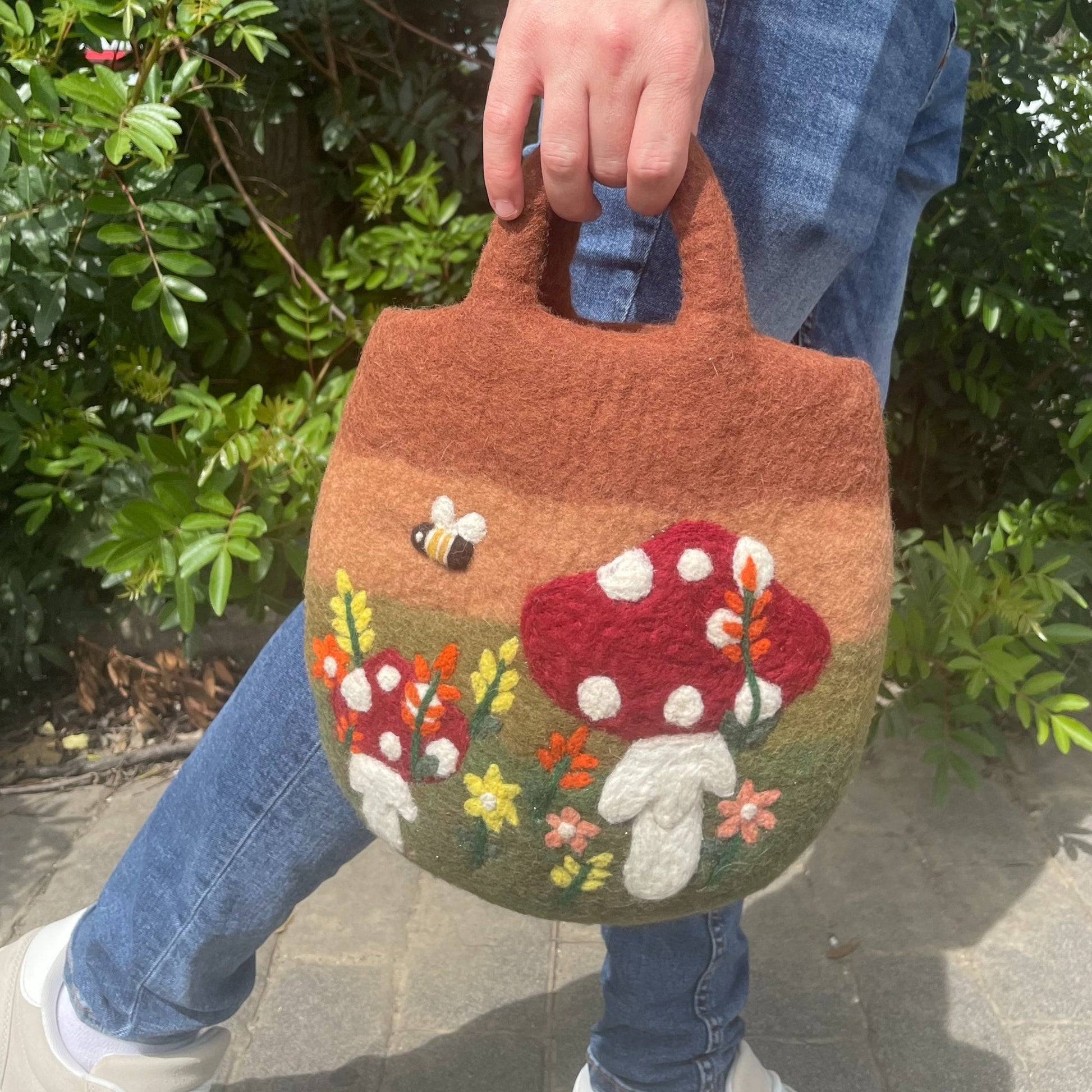 Handcrafted Wool Water Felted Two Handled Bag - Mushroom Garden product packaging on clean background from Quintessential Holistic Health Ltd
