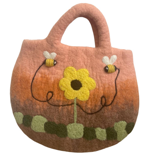 Handcrafted Wool Water Felted Two Handled Bag - Sunflower and Bees product packaging on clean background from Quintessential Holistic Health Ltd