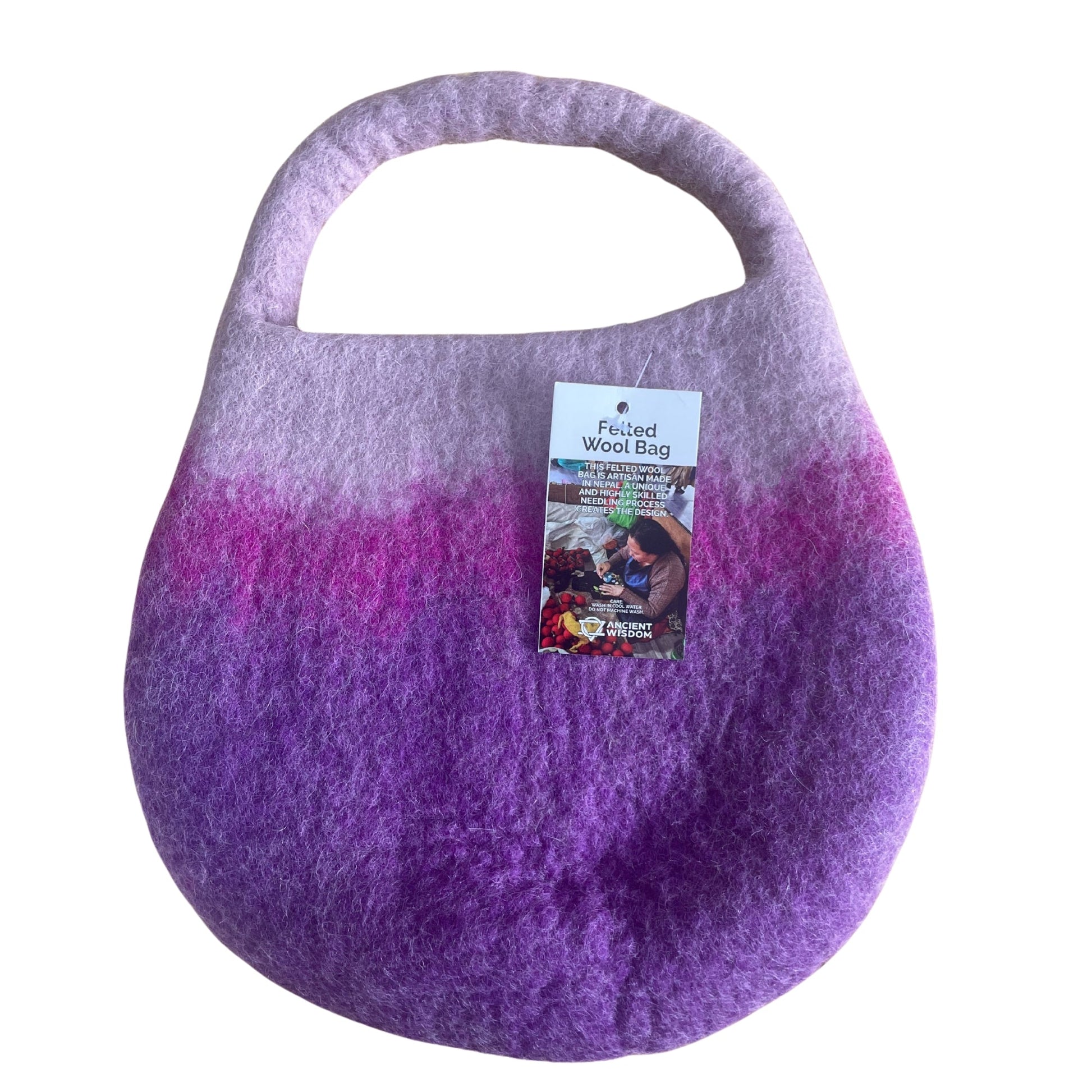 Handcrafted Wool Water Felted One Handle with Magnet Bag - Bee - Shades of Purple product packaging on clean background from Quintessential Holistic Health Ltd