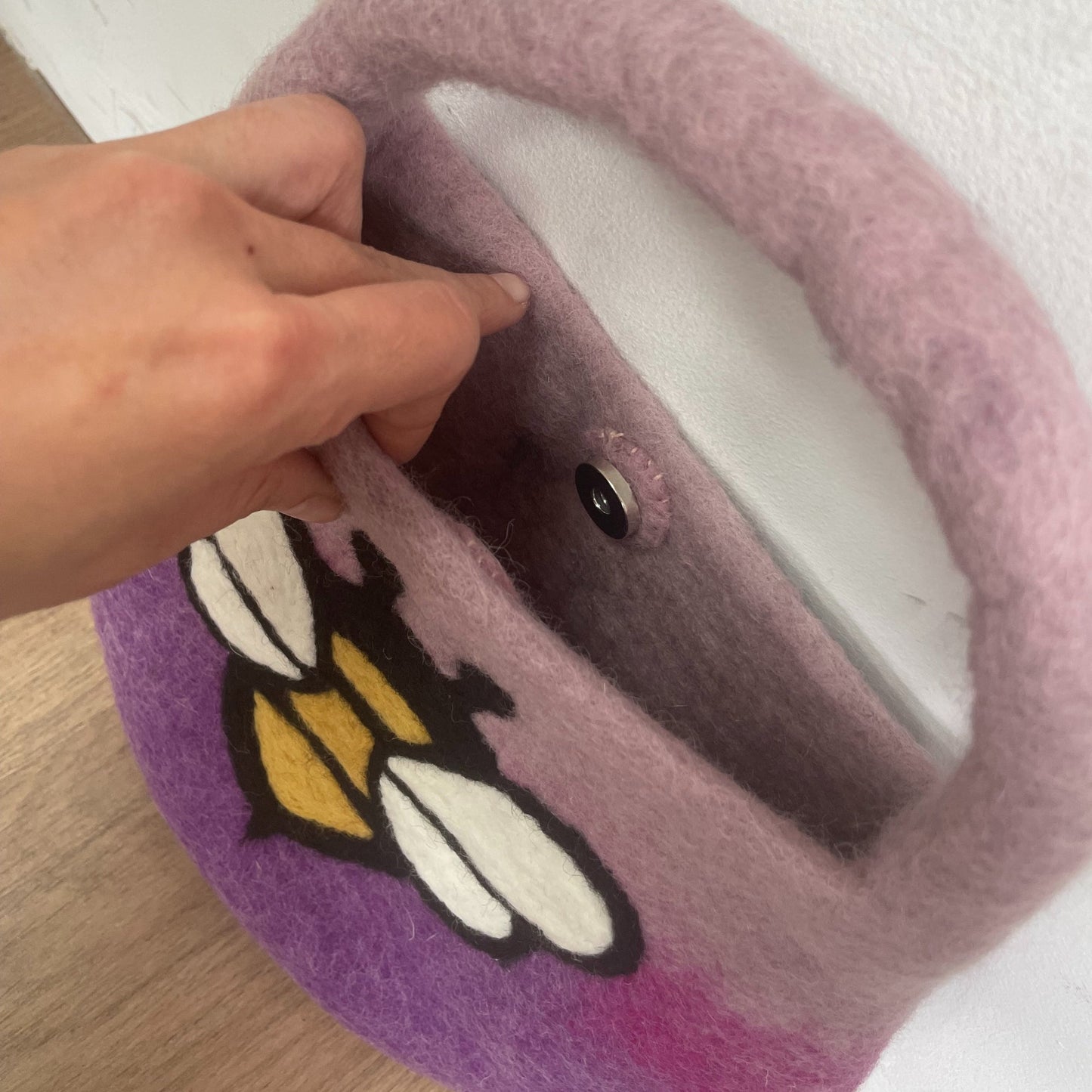 Handcrafted Wool Water Felted One Handle with Magnet Bag - Bee - Shades of Purple product packaging on clean background from Quintessential Holistic Health Ltd