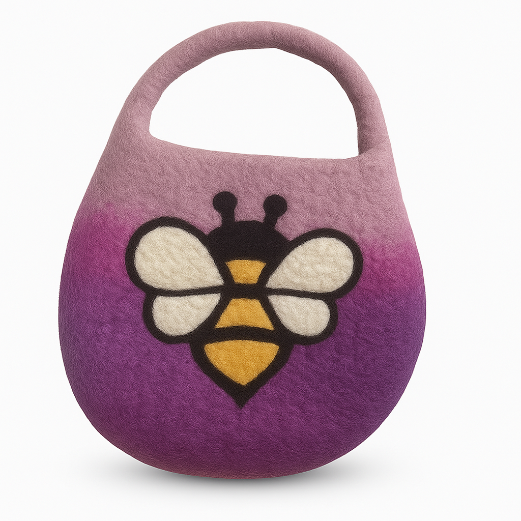 Handcrafted Wool Water Felted One Handle with Magnet Bag - Bee - Shades of Purple product packaging on clean background from Quintessential Holistic Health Ltd