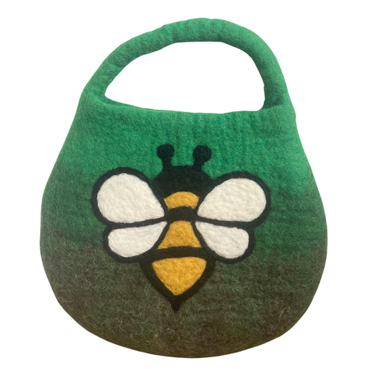 Handcrafted Wool Water Felted One Handle with Magnet Bag - Bee / Shades of Green product packaging on clean background from Quintessential Holistic Health Ltd