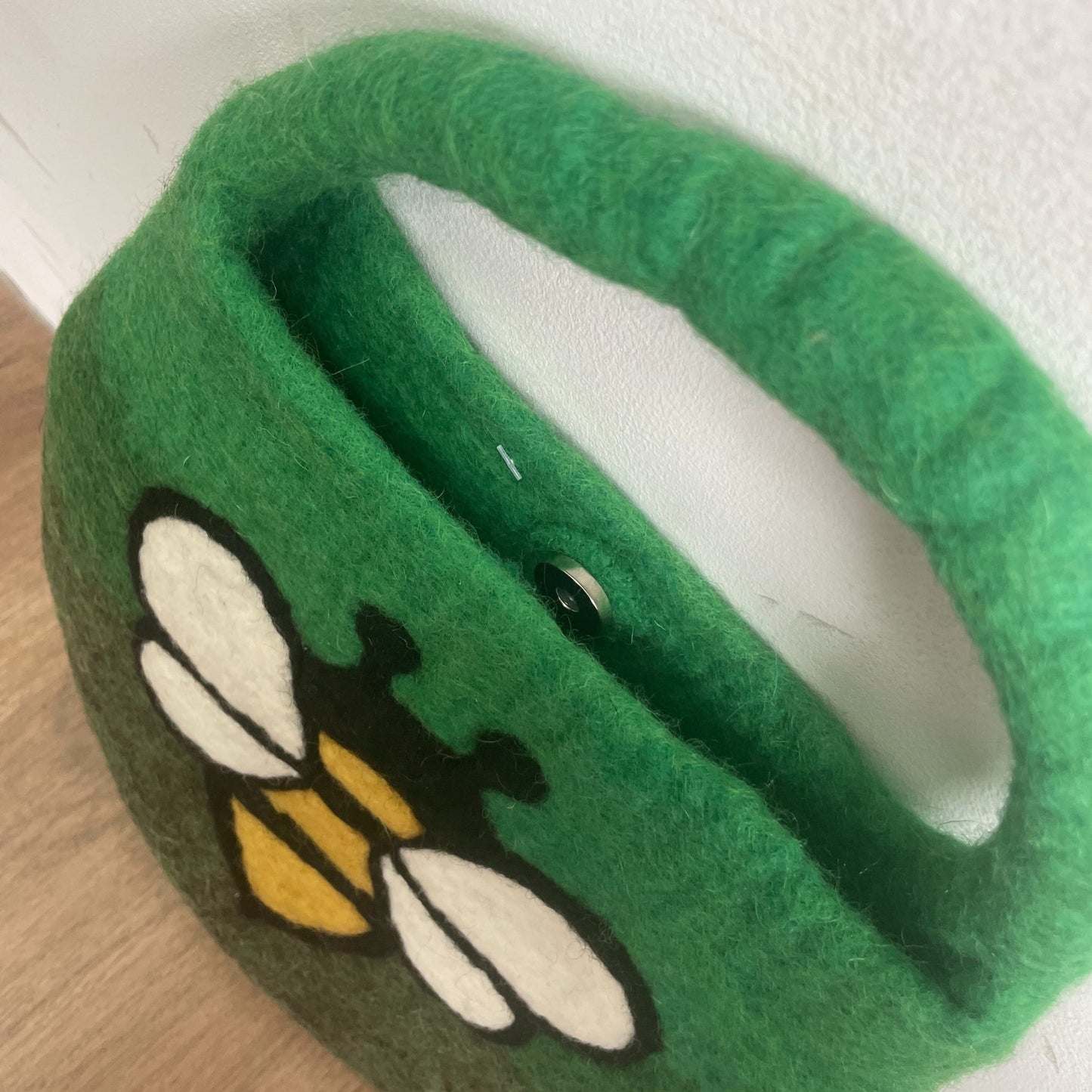 Handcrafted Wool Water Felted One Handle with Magnet Bag - Bee / Shades of Green product packaging on clean background from Quintessential Holistic Health Ltd