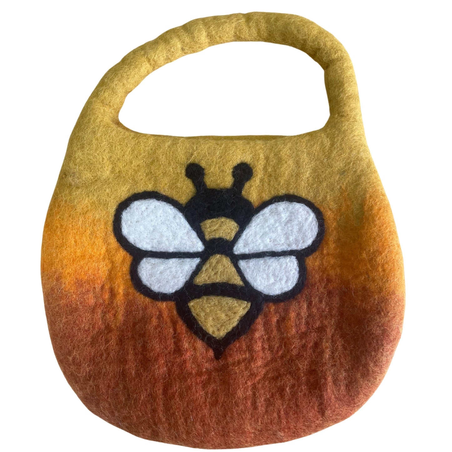 Handcrafted Wool Water Felted One Handle with Magnet Bag - Bee / Shades of Orange product packaging on clean background from Quintessential Holistic Health Ltd