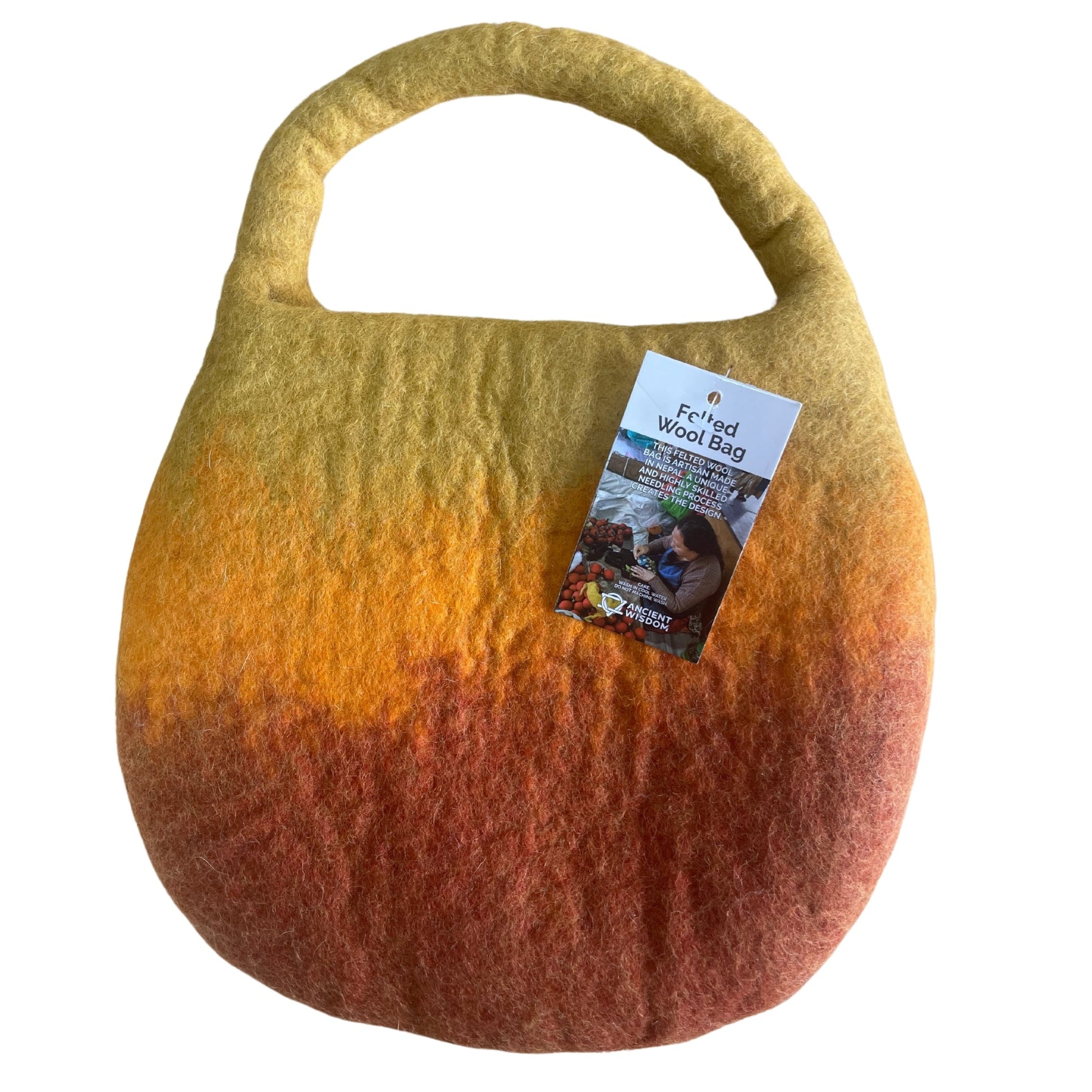 Handcrafted Wool Water Felted One Handle with Magnet Bag - Bee / Shades of Orange product packaging on clean background from Quintessential Holistic Health Ltd