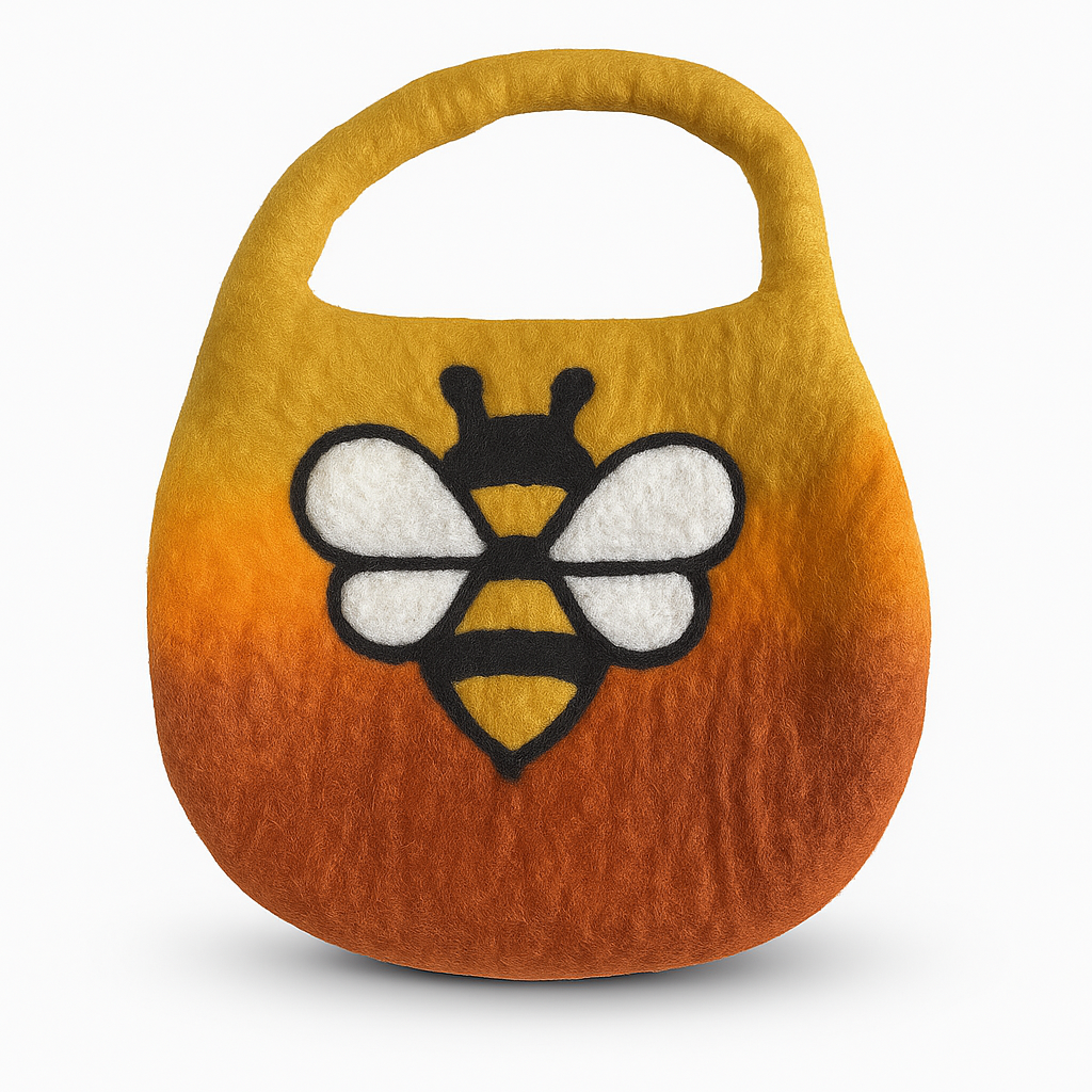 Handcrafted Wool Water Felted One Handle with Magnet Bag - Bee / Shades of Orange product packaging on clean background from Quintessential Holistic Health Ltd