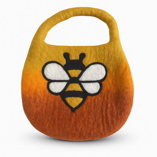 Handcrafted Wool Water Felted One Handle with Magnet Bag - Bee / Shades of Orange product packaging on clean background from Quintessential Holistic Health Ltd