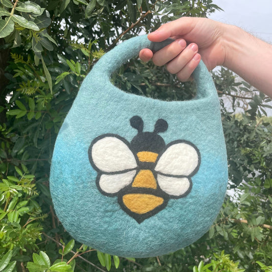 Handcrafted Wool Water Felted One Handle with Magnet Bag - Bee / Shades of Blues and Greens product packaging on clean background from Quintessential Holistic Health Ltd