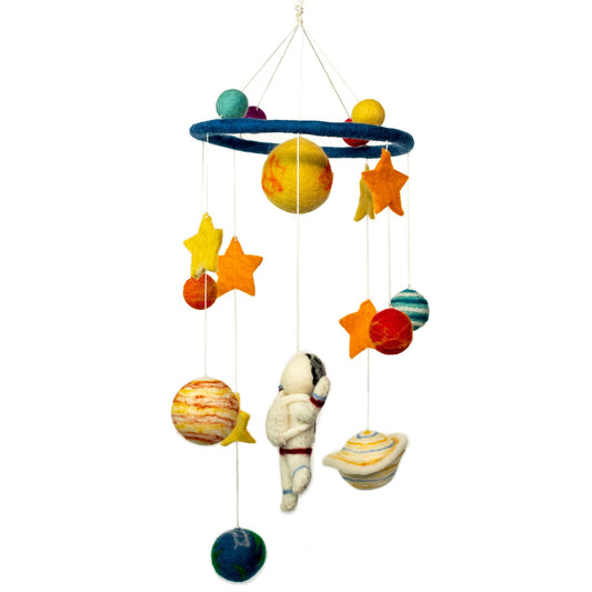 Handmade Childs Nursery Felt Mobile - Astronaut and Planets product packaging on clean background from Quintessential Holistic Health Ltd