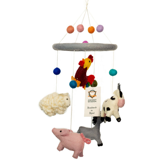 Handmade Childs Nursery Felt Mobile - Farm Animals product packaging on clean background from Quintessential Holistic Health Ltd