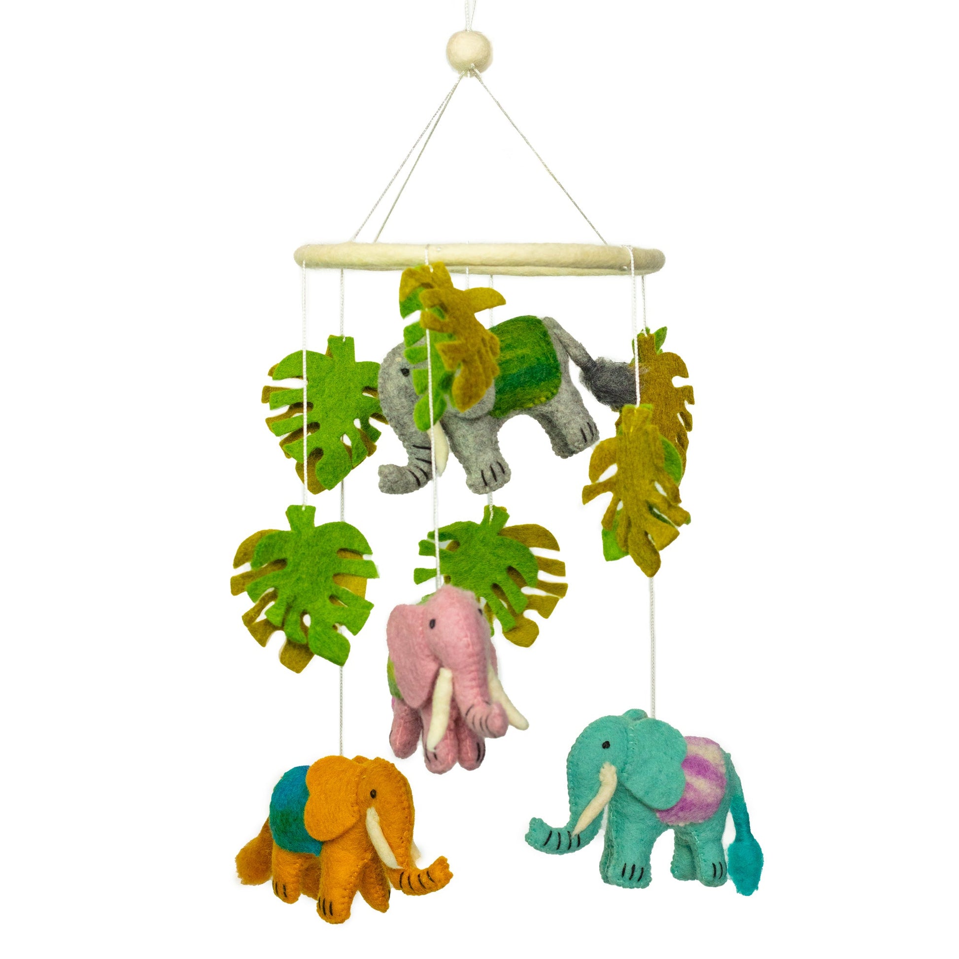 Handmade Childs Nursery Felt Mobile - Elephants and Leaves product packaging on clean background from Quintessential Holistic Health Ltd
