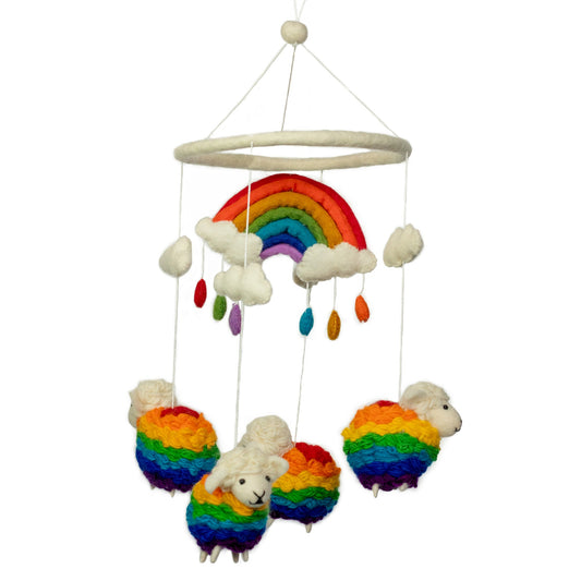 Handmade Childs Nursery Felt Mobile - Rainbow and Rainbow Sheep product packaging on clean background from Quintessential Holistic Health Ltd
